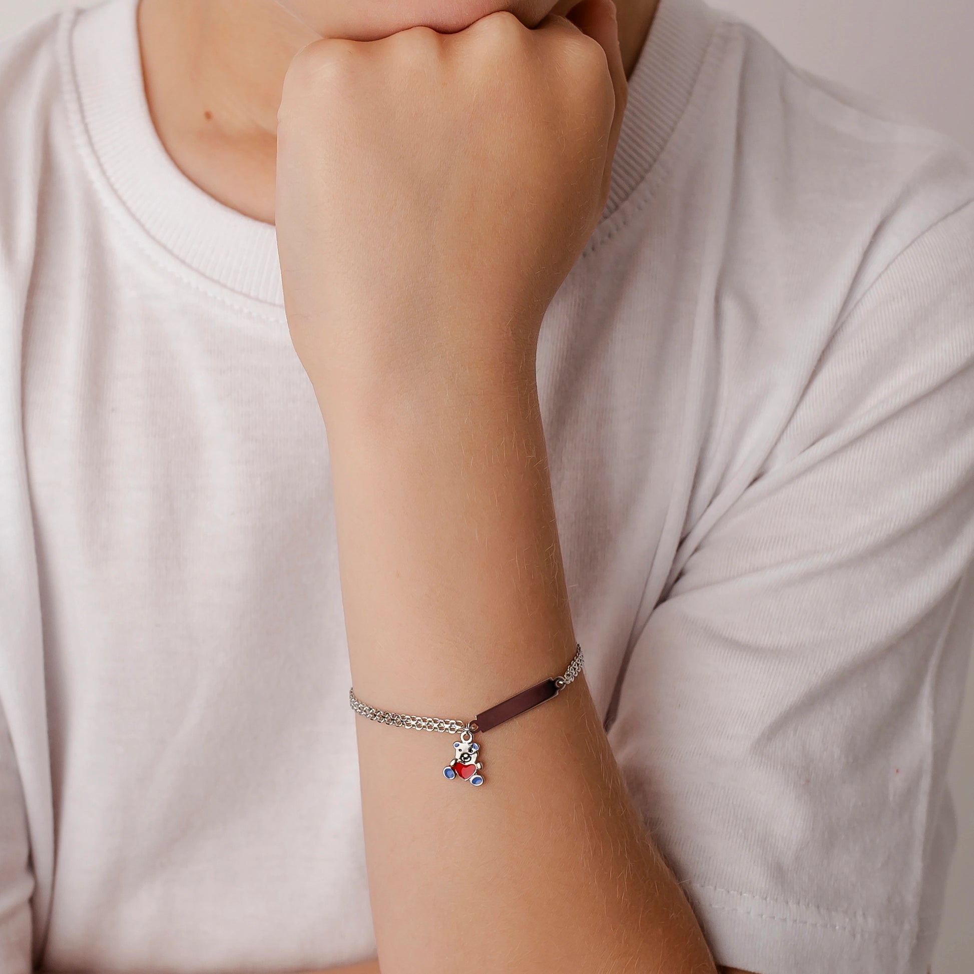 Braccialetto Bambino Argento con Orsetto Blu e Piastrina Incidibile