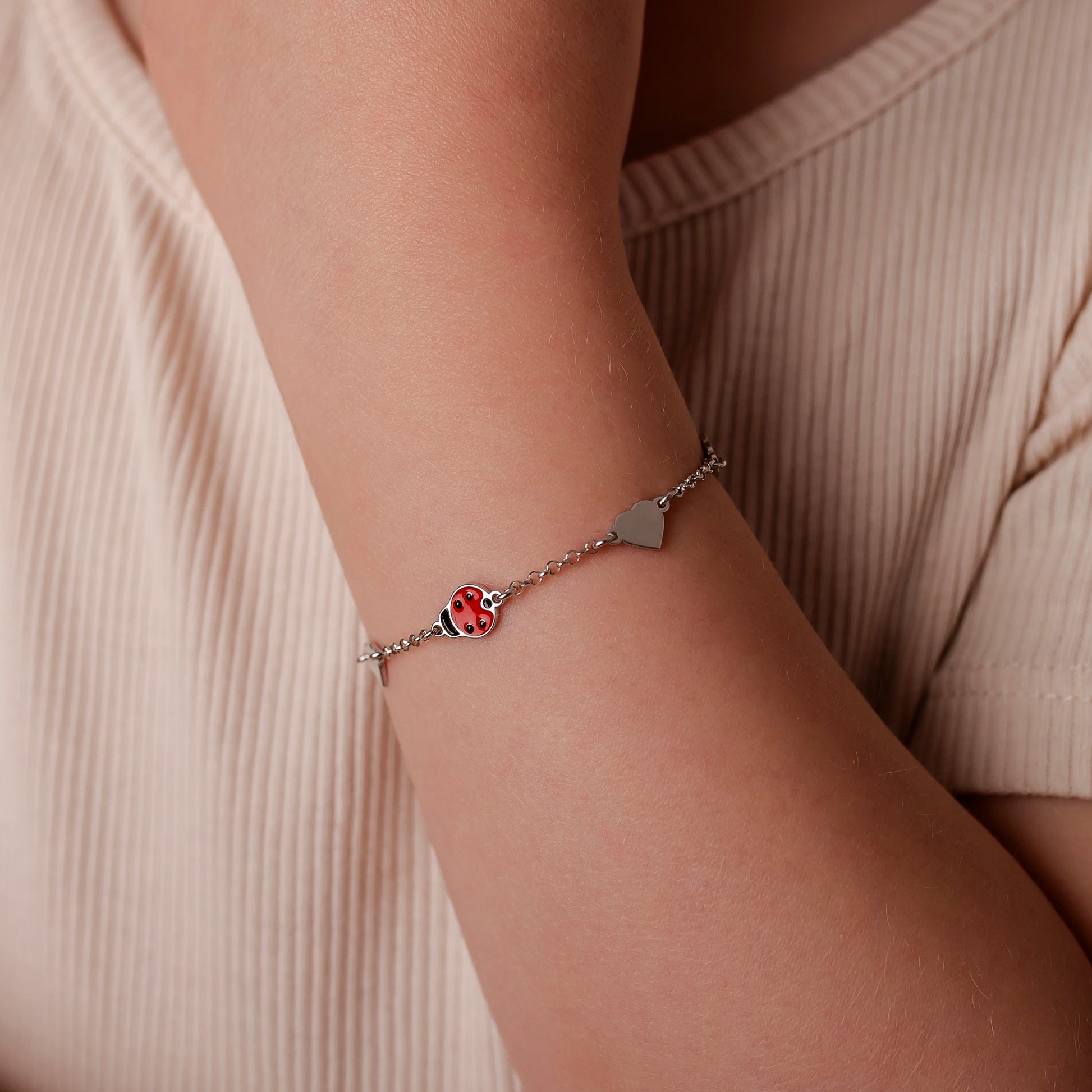 Girls' Silver Bracelet with Ladybugs and Smooth Hearts