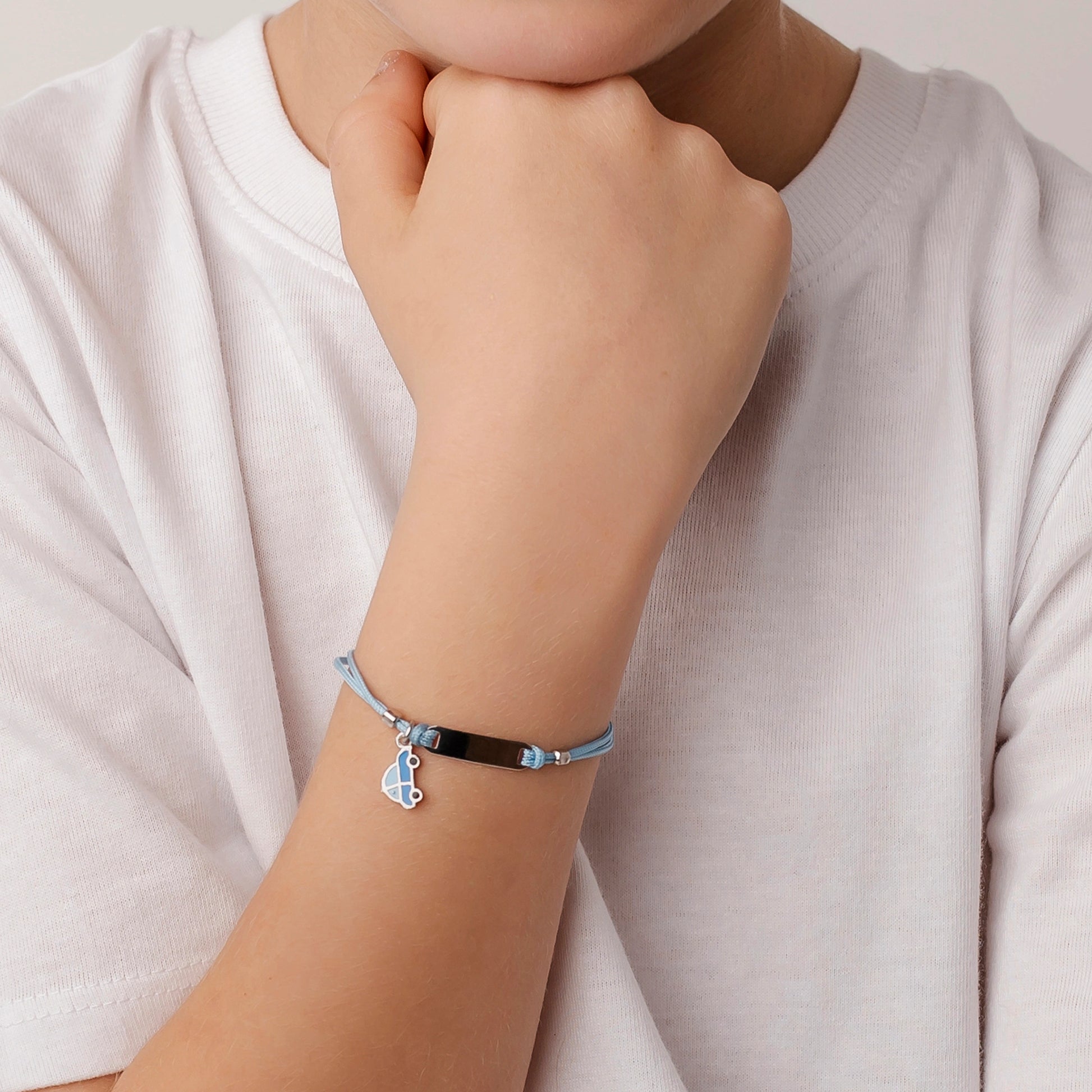 Silver Bracelet for Boy Blue Cord Toy Car