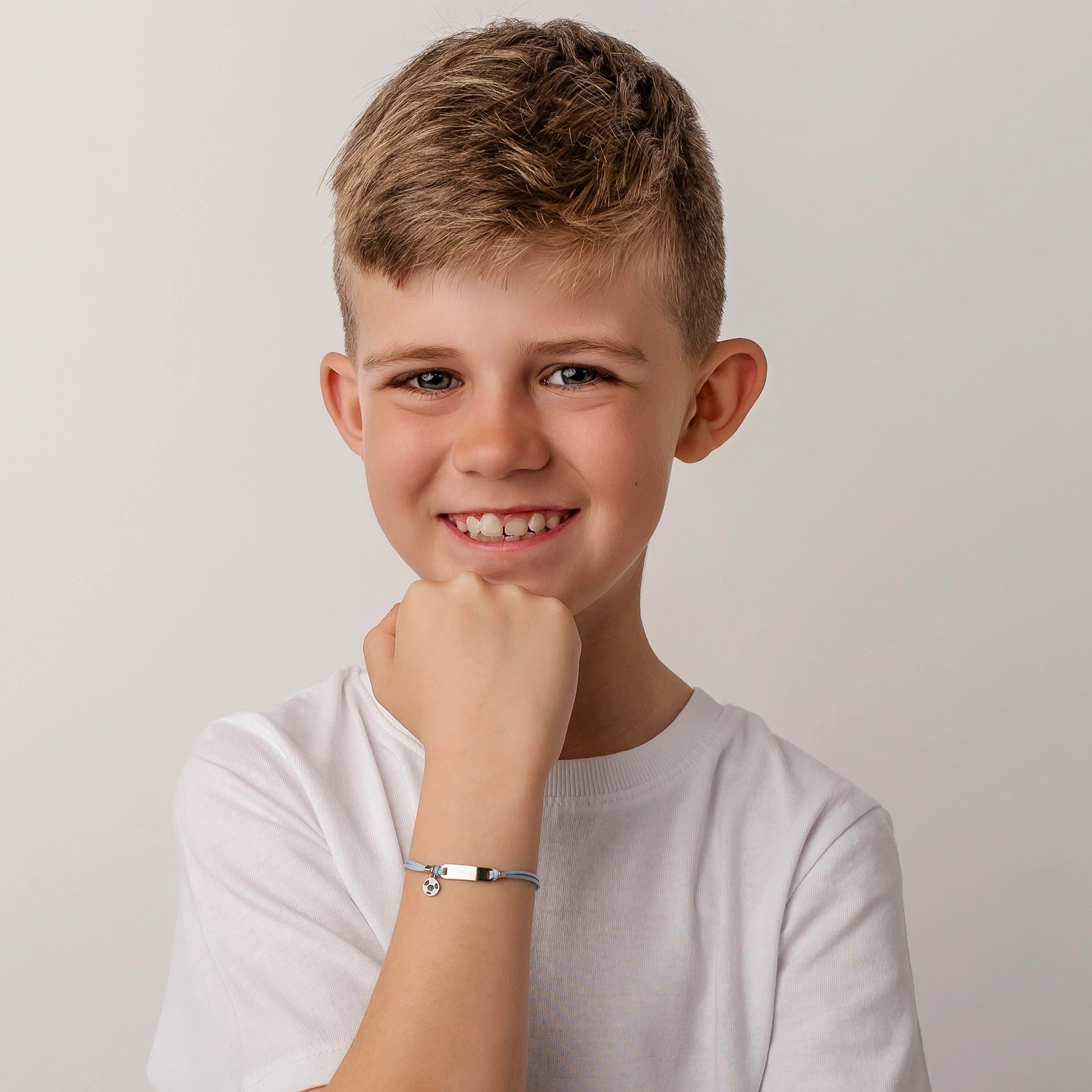 Silver Bracelet for Boy Blue Cord White and Black Ball