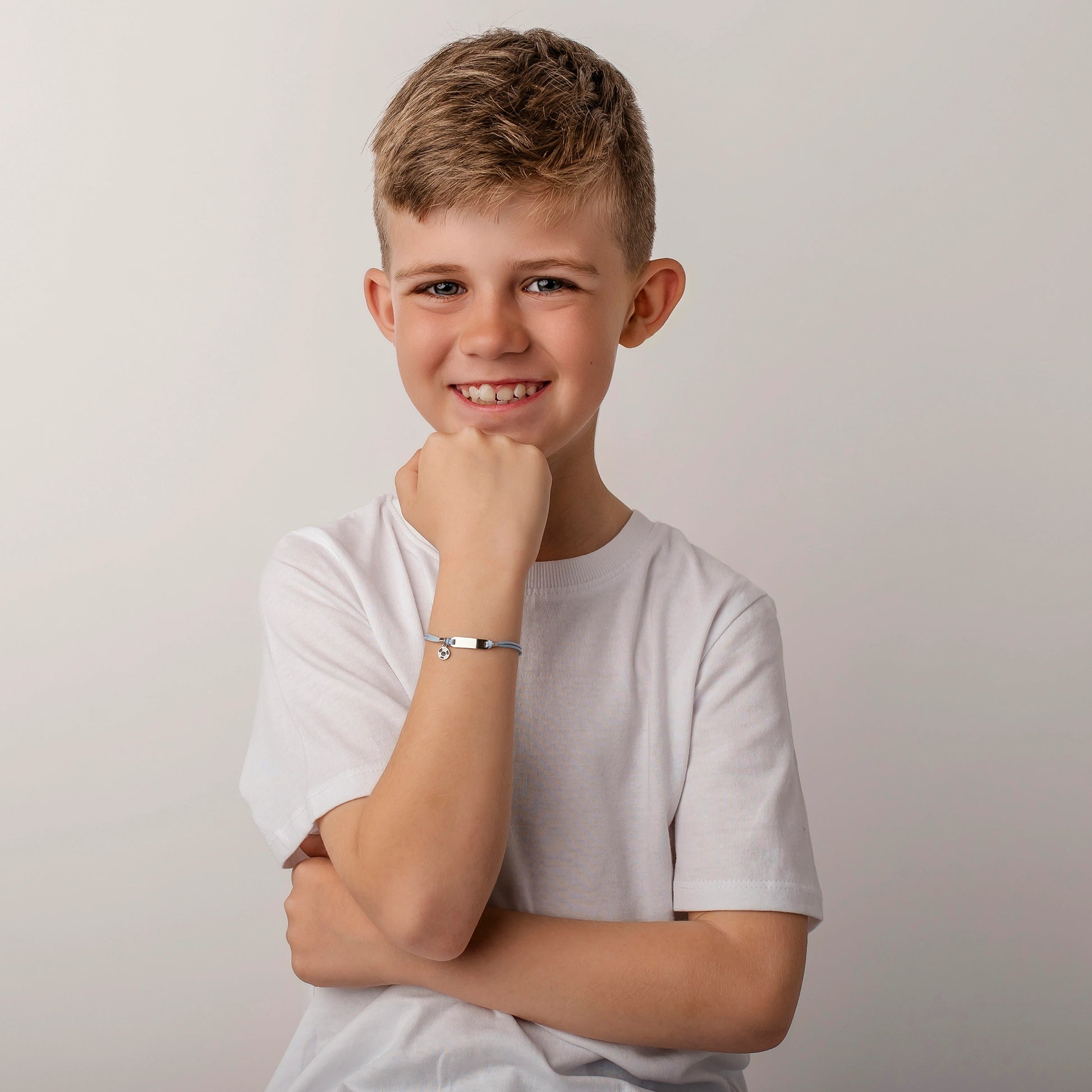 Silver Bracelet for Boy Blue Cord White and Black Ball