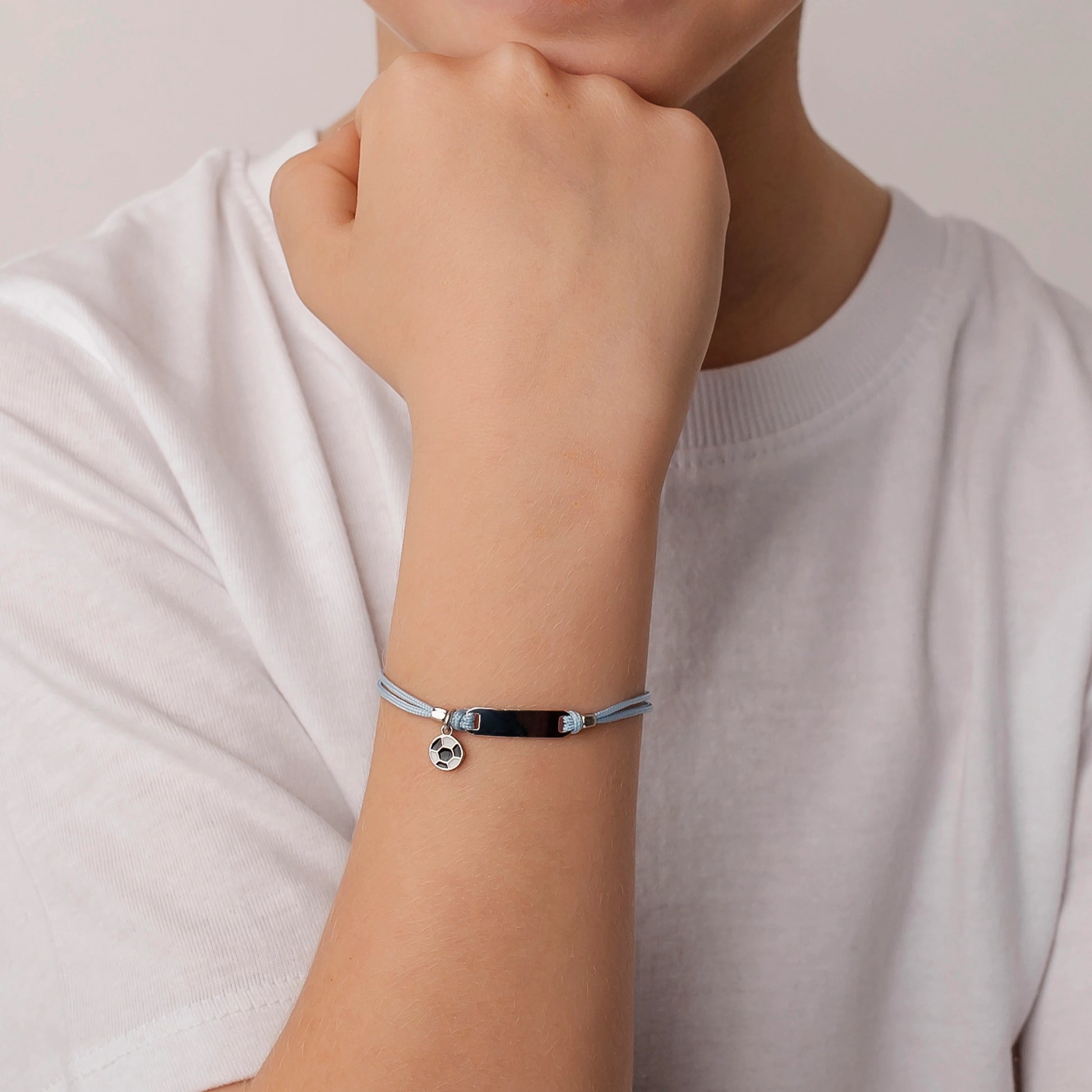 Silver Bracelet for Boy Blue Cord White and Black Ball