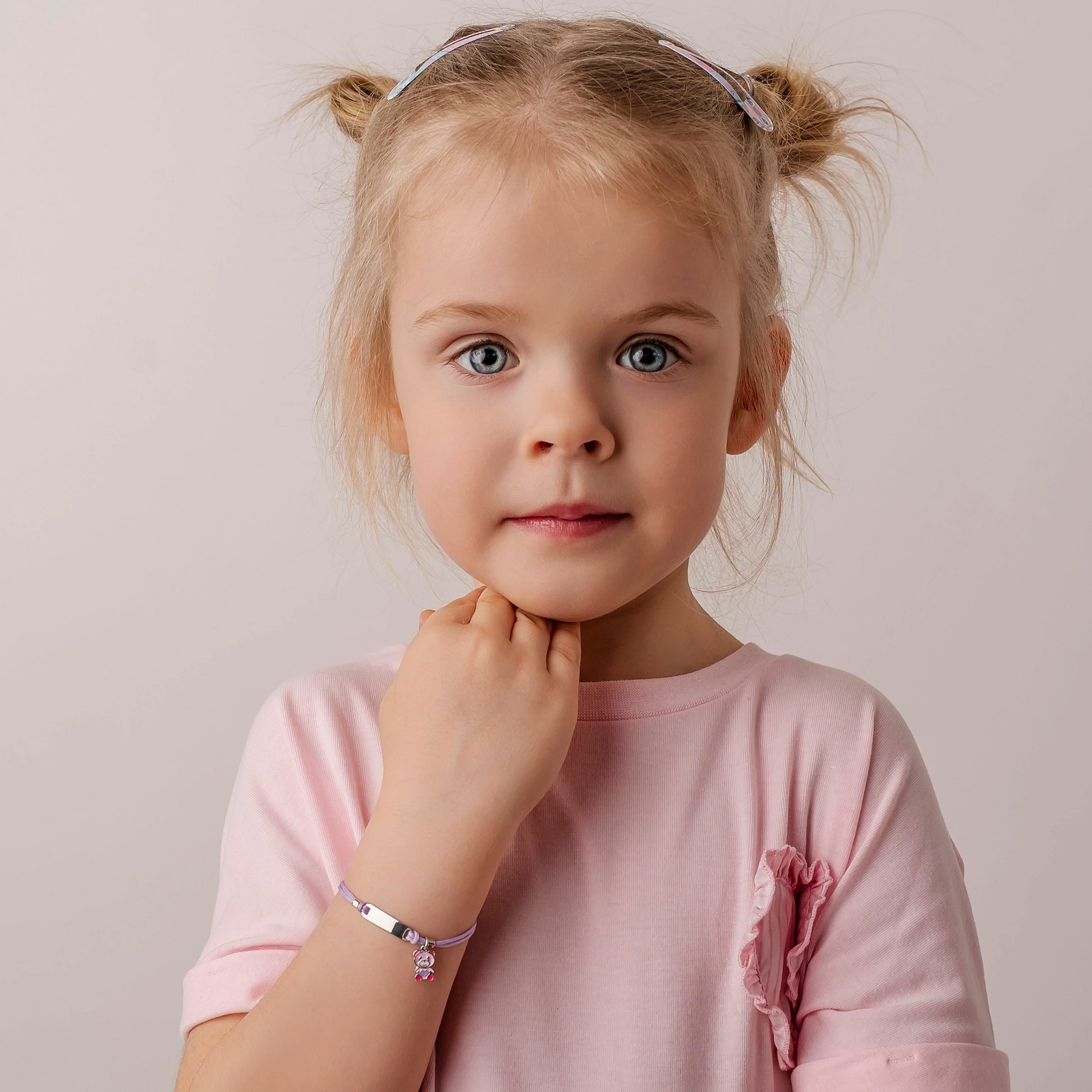 Silver Bracelet for Girls with Lilac Cord and Bear