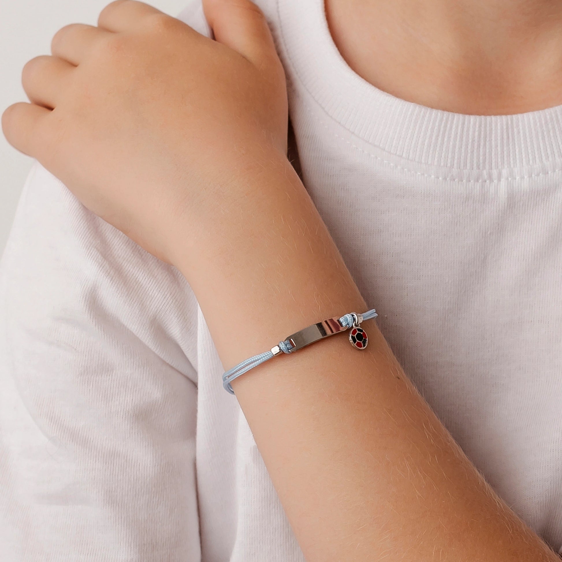 Pulsera de Plata para Niño Cordón Azul Balón Rojo Negro