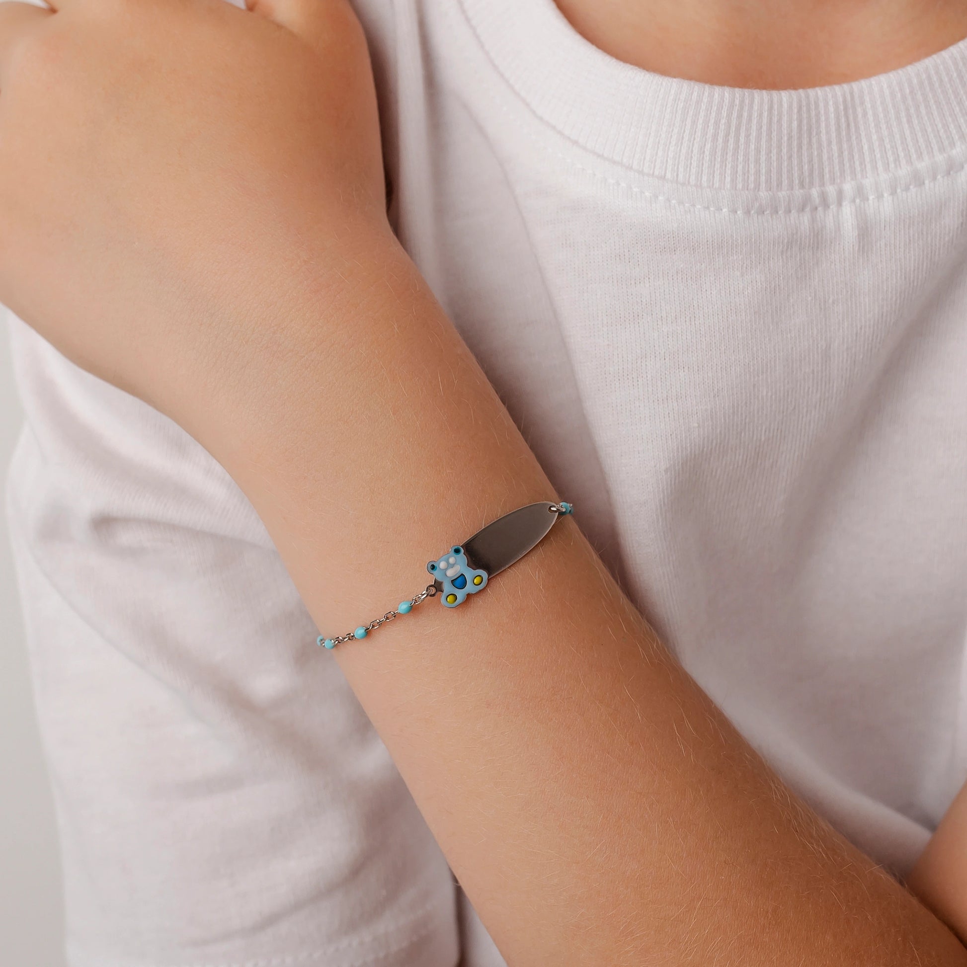 Silver Rosary Bracelet with Blue Enamel Teddy Bear and Engravable Plate