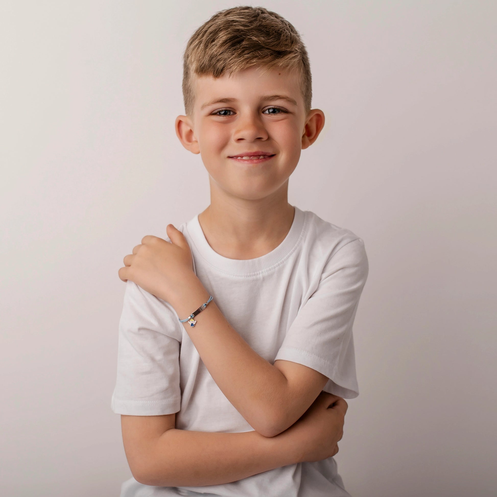 Silver Bracelet for Boys with Blue Cord and Little Angel