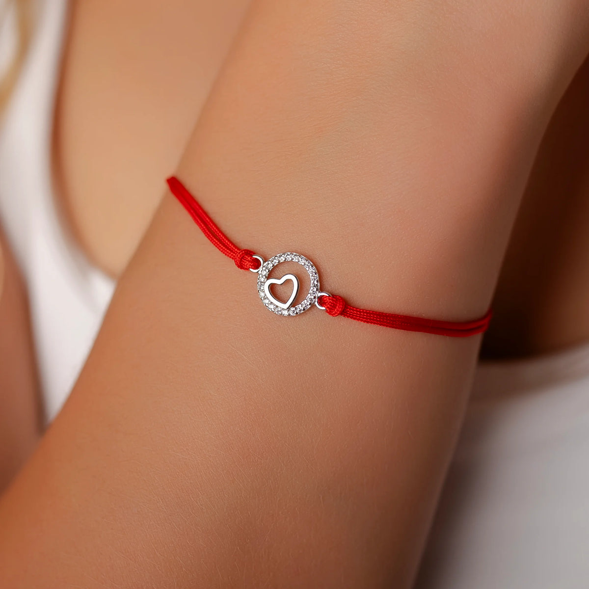 Silver Bracelet with Cord, Circle, and Heart