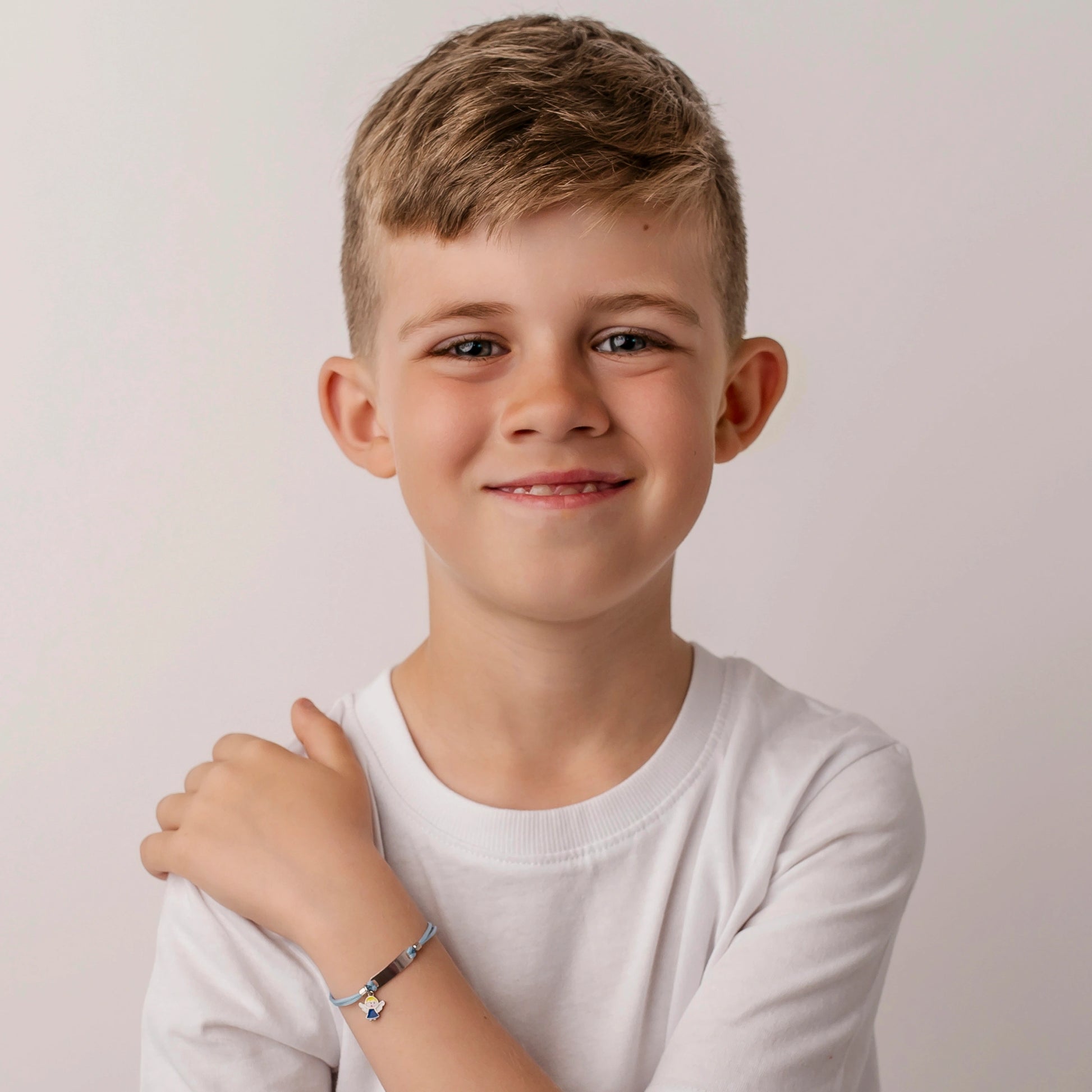 Silver Bracelet for Boys with Blue Cord and Little Angel