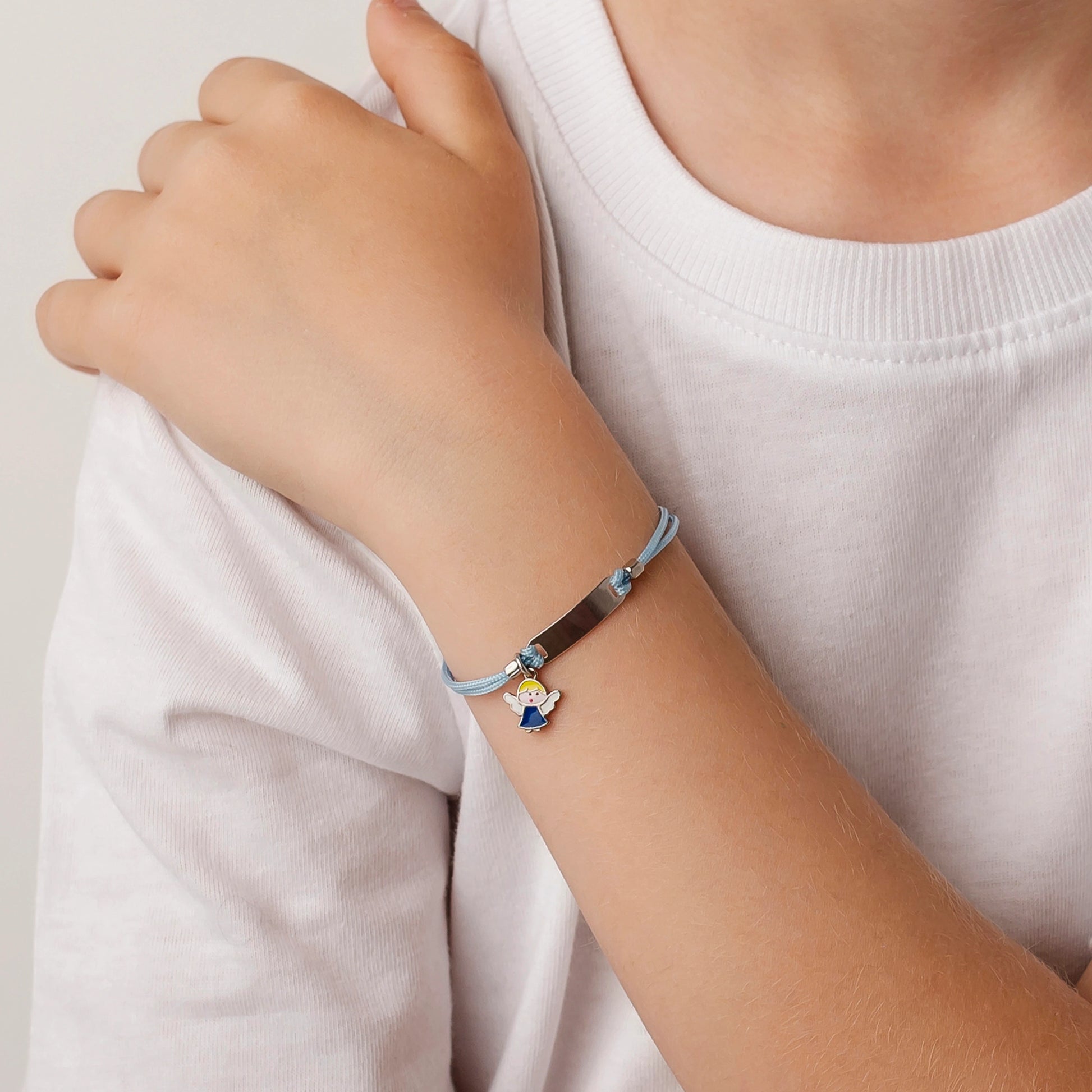 Silver Bracelet for Boys with Blue Cord and Little Angel