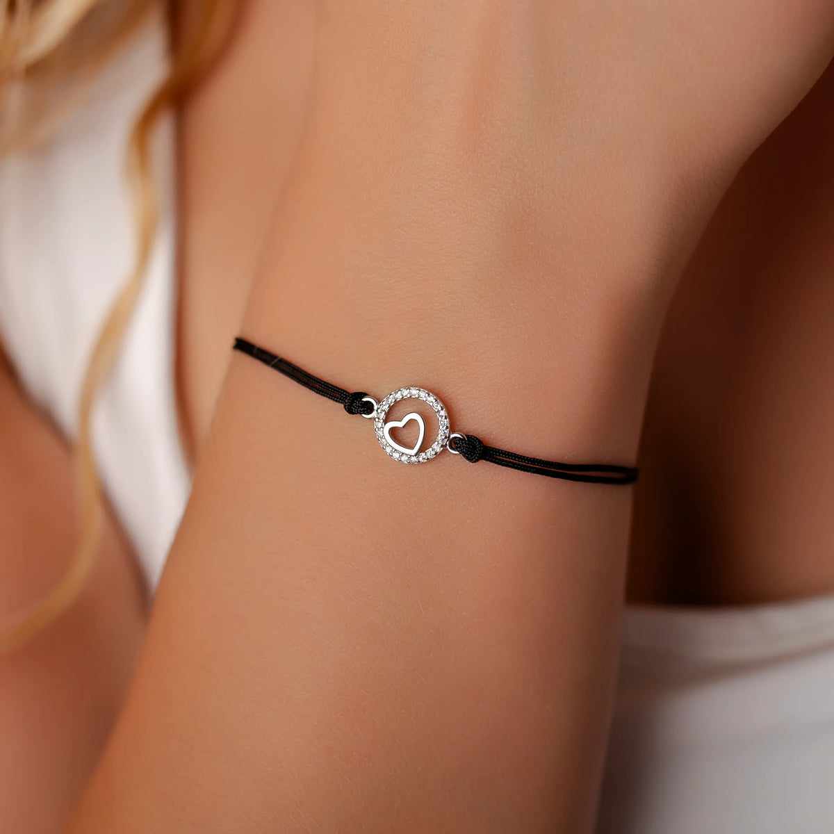 Silver Bracelet with Cord, Circle, and Heart