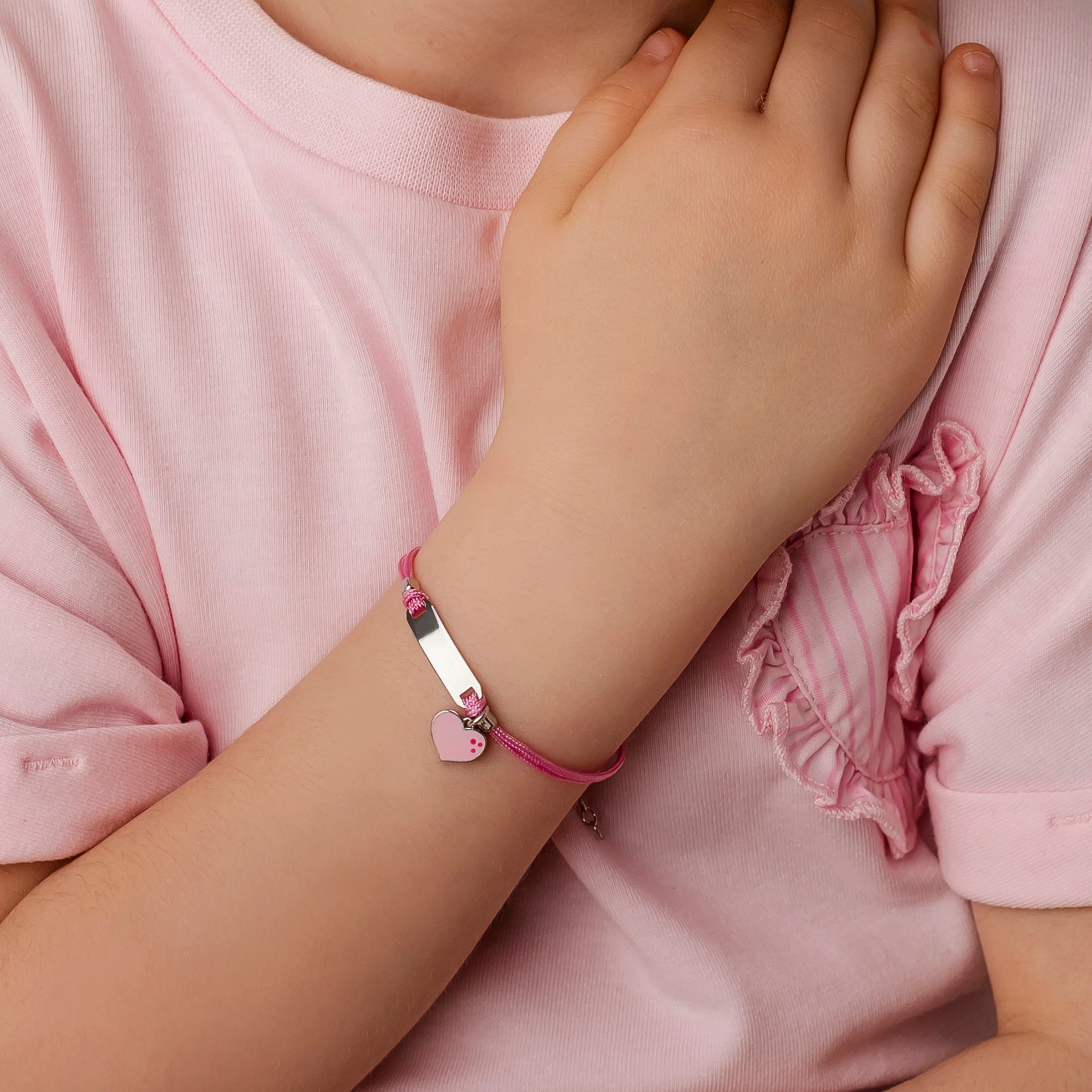 Silver Bracelet for Girl Pink Cord Pink Heart