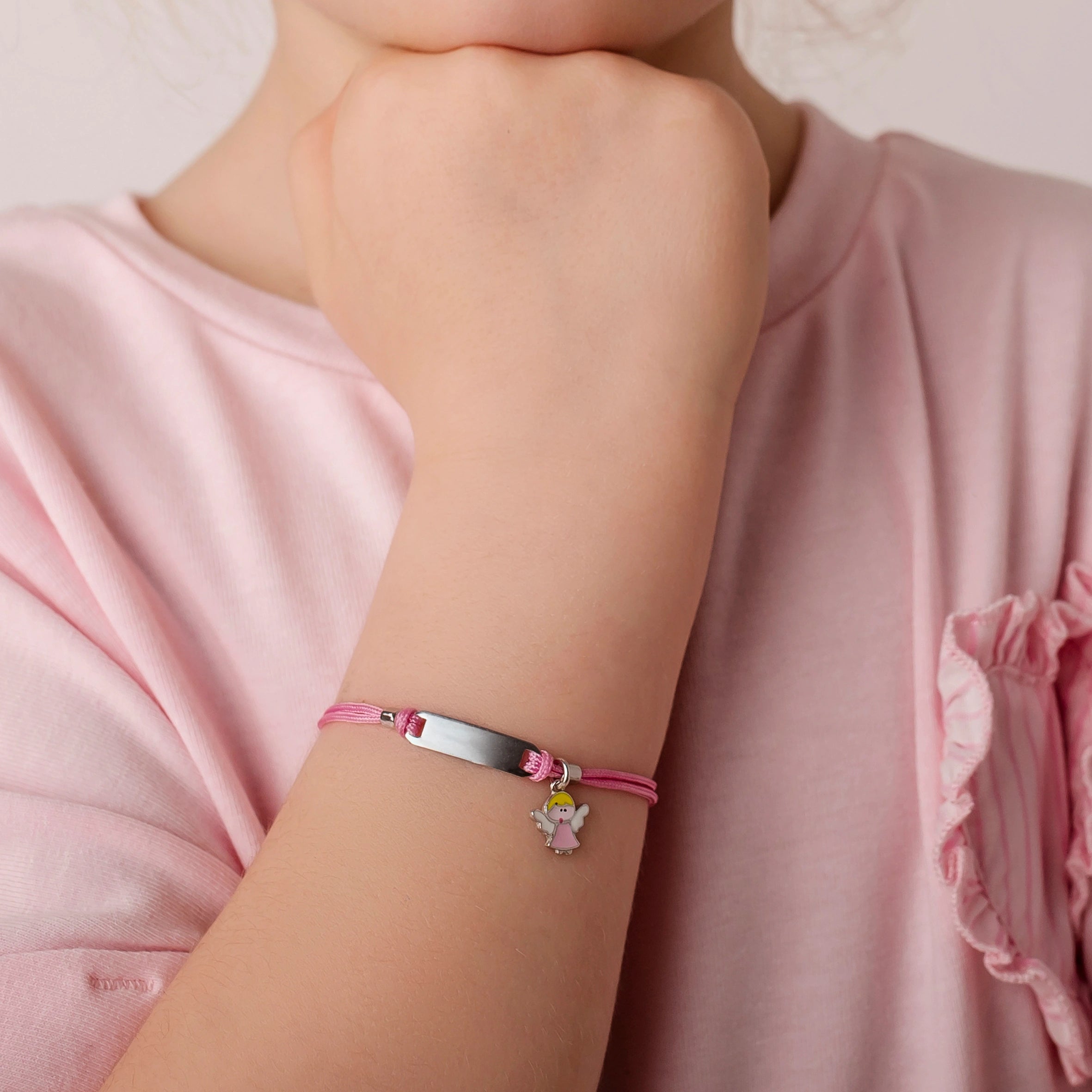 Silver Bracelet for Girl Pink Cord Angel