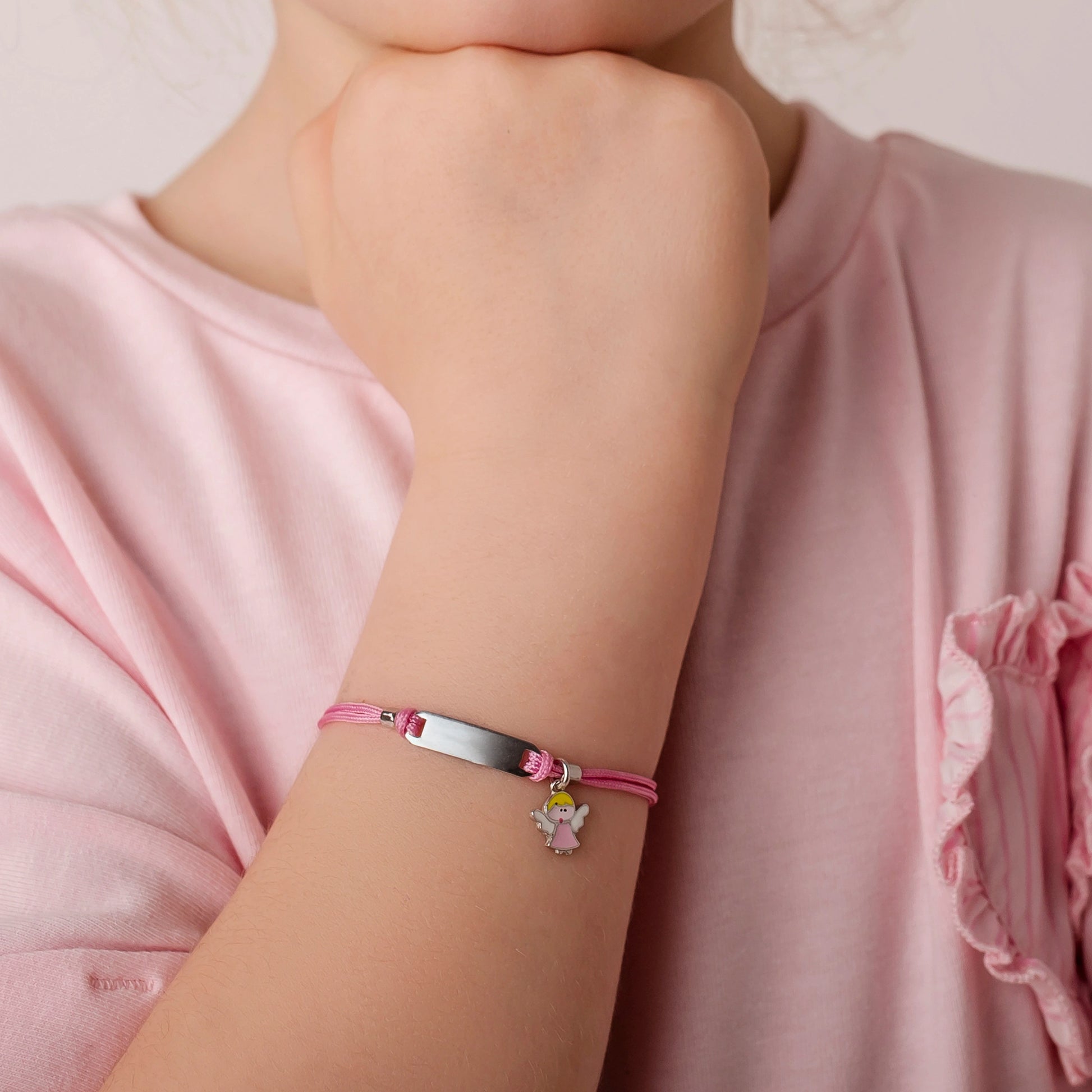 Silver Bracelet for Girl Pink Cord Angel