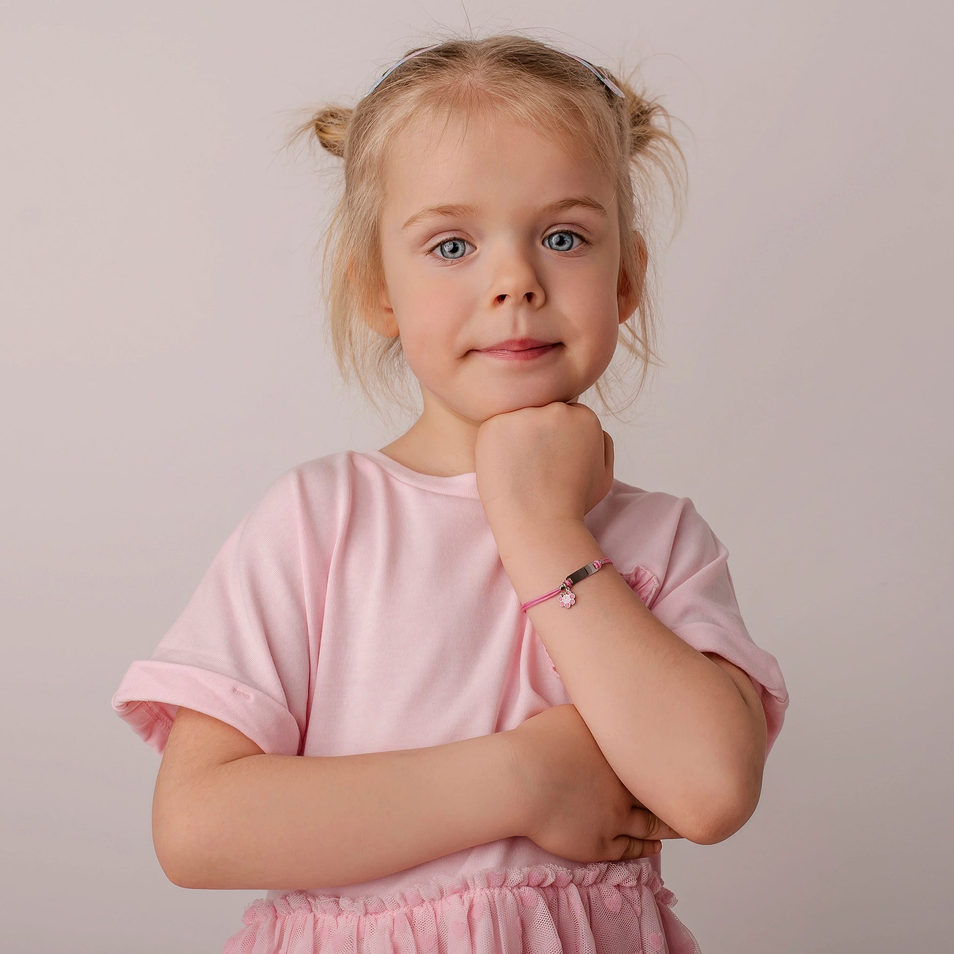 Silver Bracelet for Girls with Pink Cord and Flower with Bow
