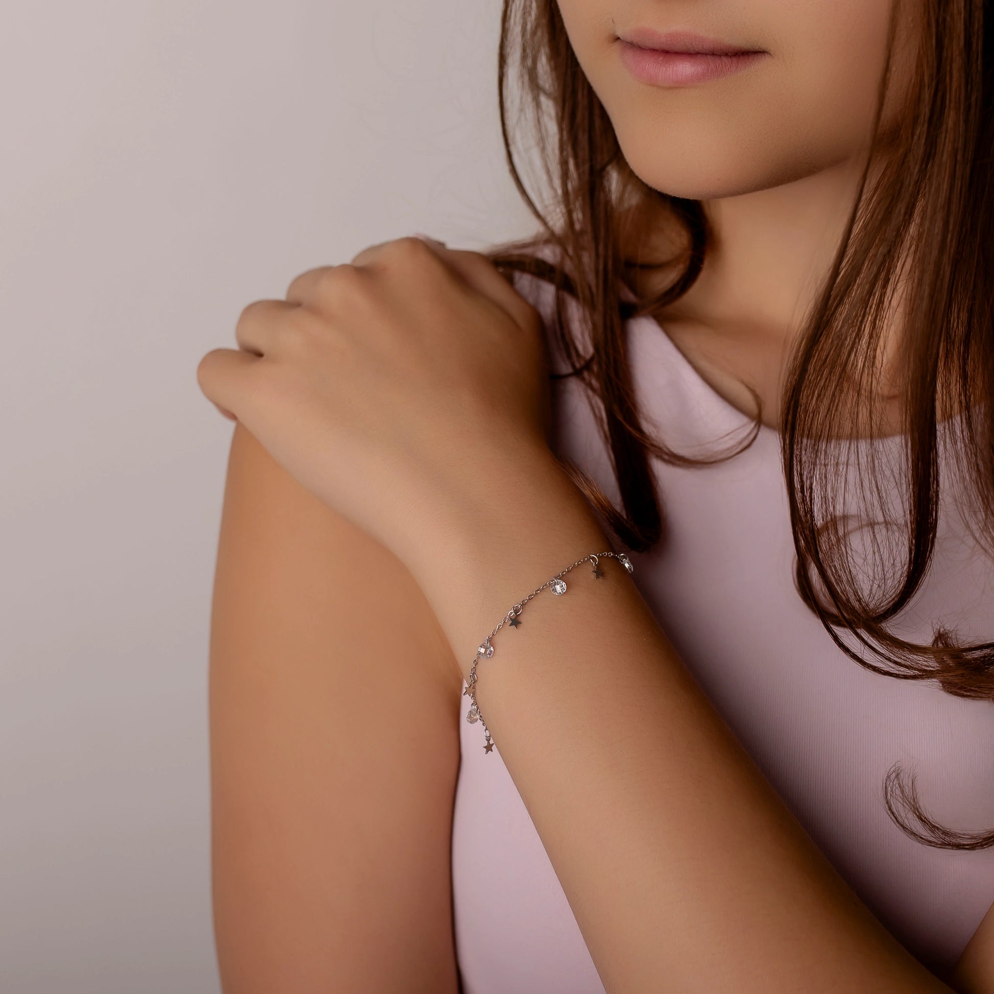 Bracciale in Argento Rodiato Stelle e Pietre Bianche