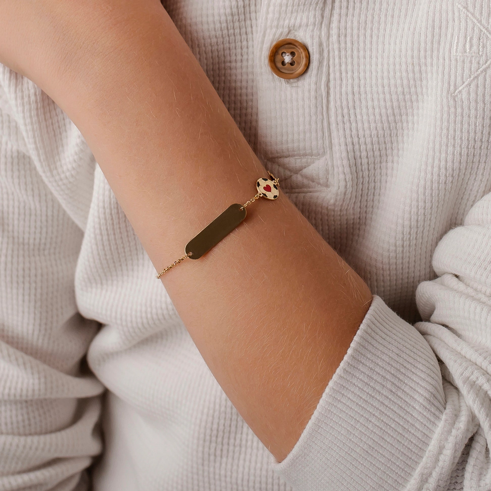 Gold Bracelet with Soccer Ball and Cleat and Engravable Plate