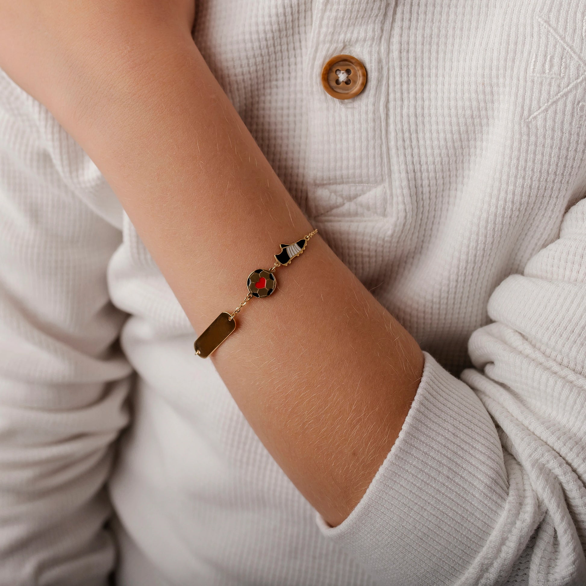 Gold Bracelet with Soccer Ball and Cleat and Engravable Plate