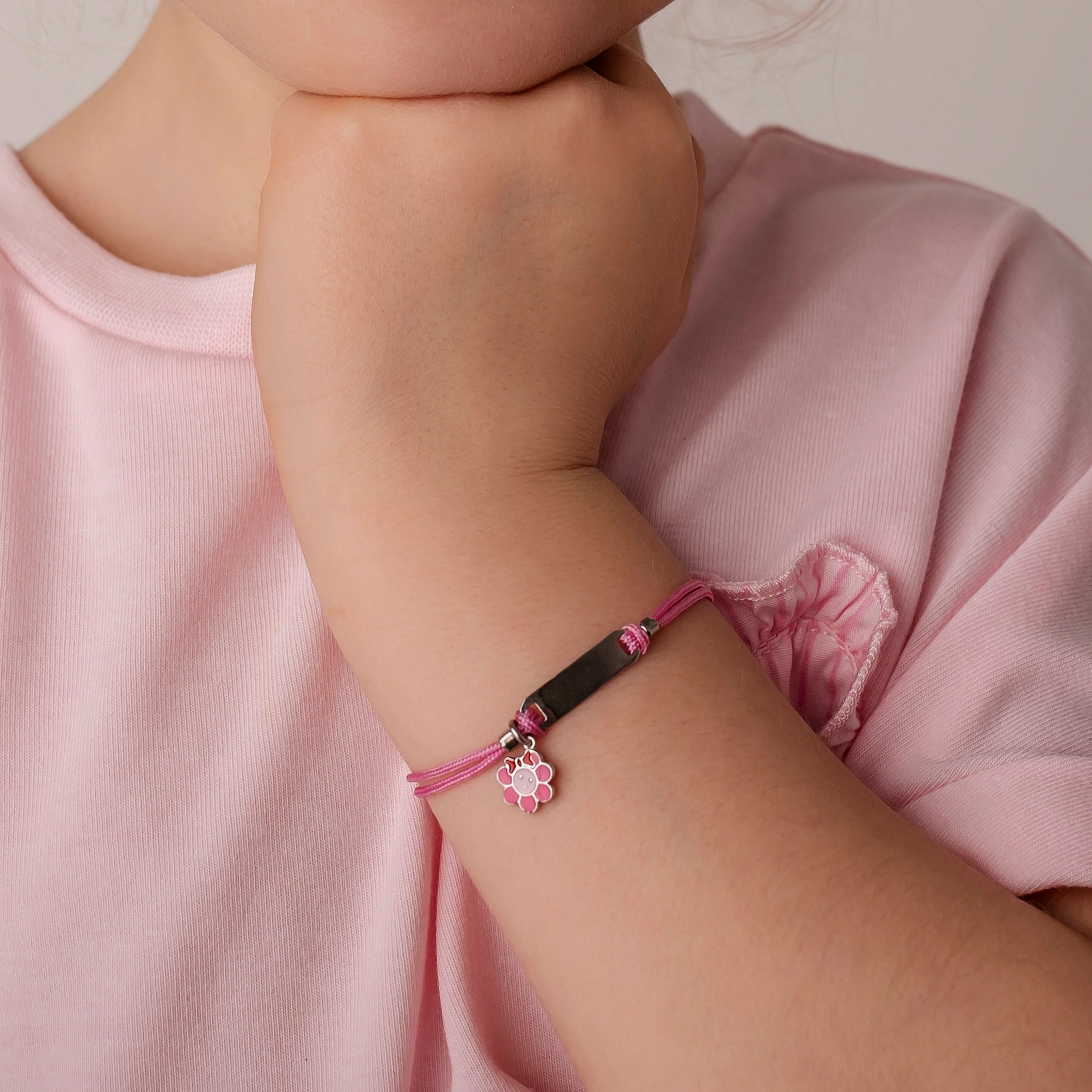 Silver Bracelet for Girls with Pink Cord and Flower with Bow