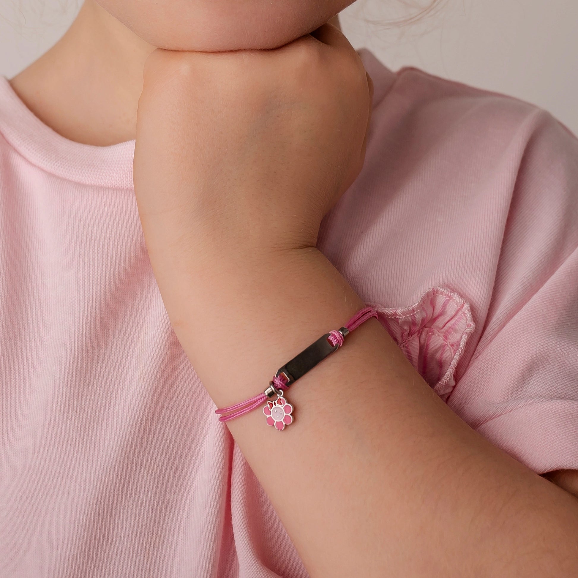Silver Bracelet for Girls with Pink Cord and Flower with Bow