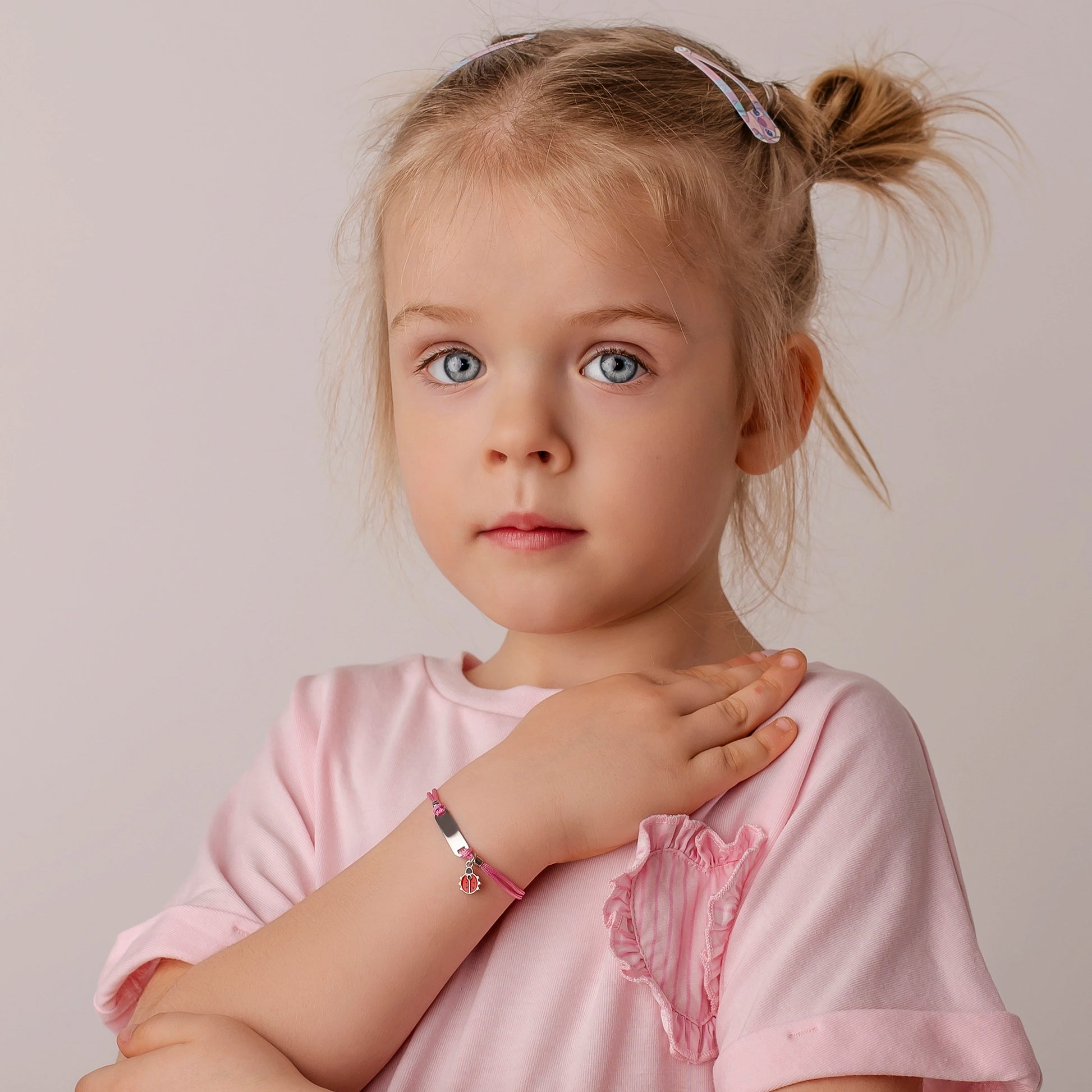 Silver Bracelet for Girl Pink Cord Ladybug
