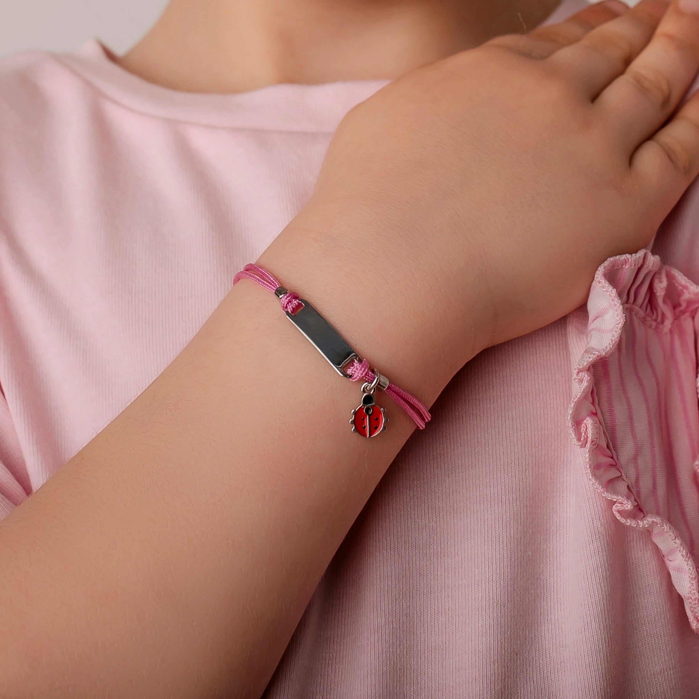 Silver Bracelet for Girl Pink Cord Ladybug