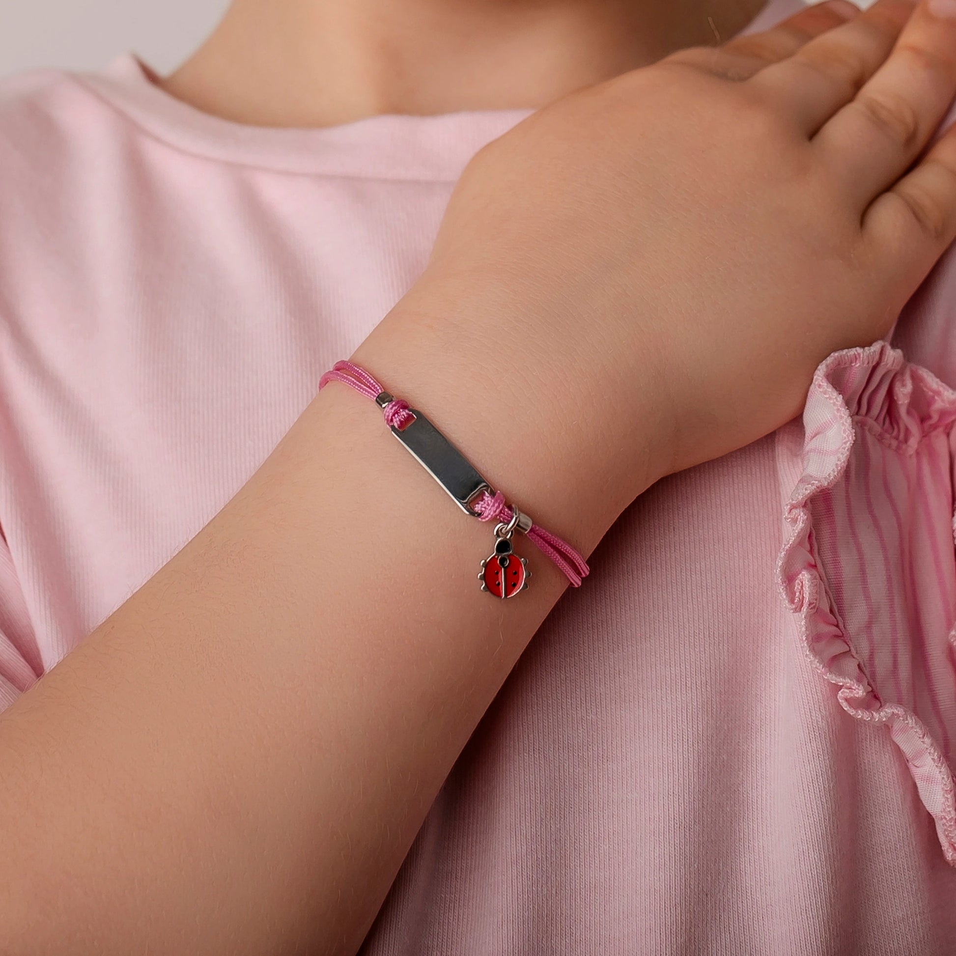 Silver Bracelet for Girl Pink Cord Ladybug
