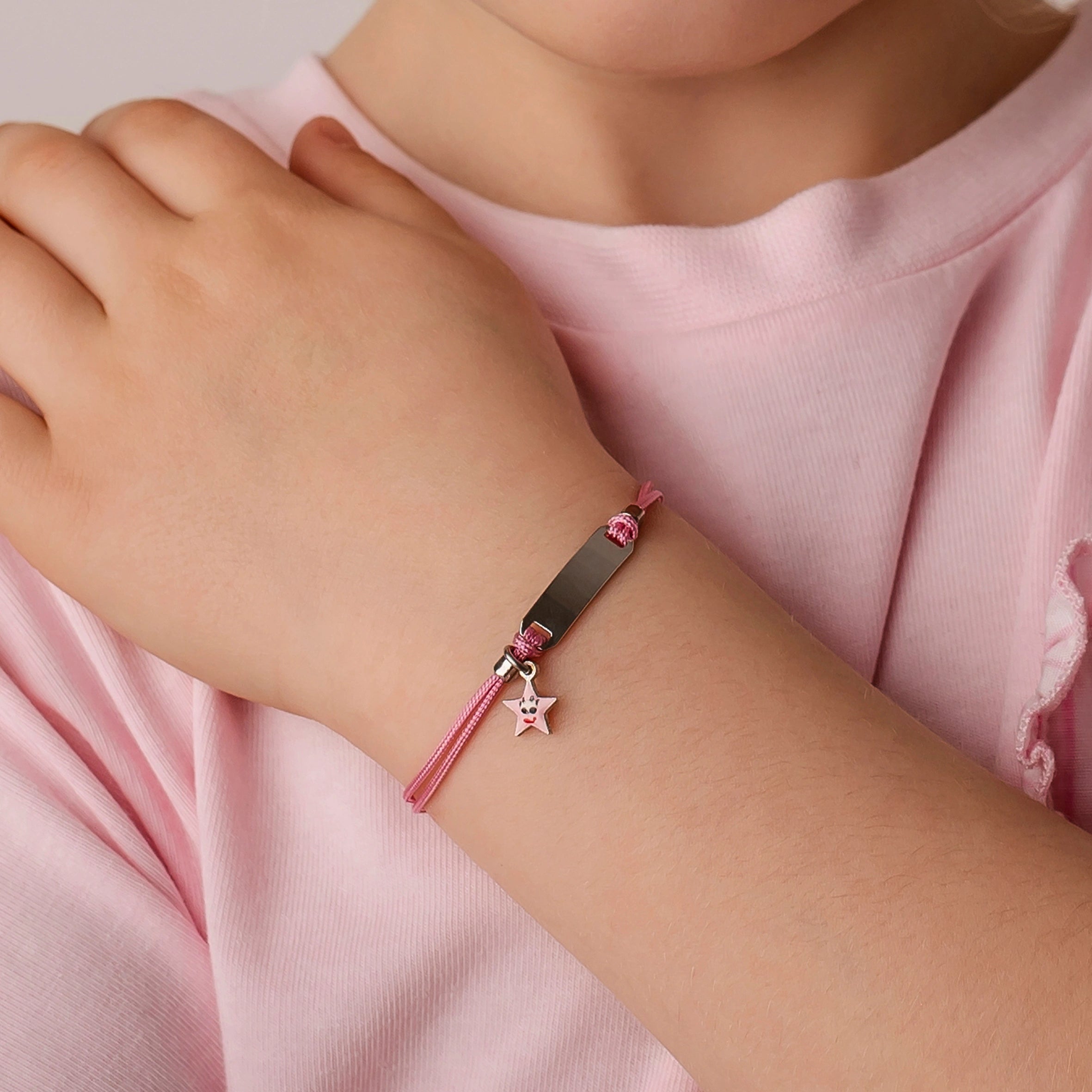 Silver Bracelet for Girl Pink Cord Little Star