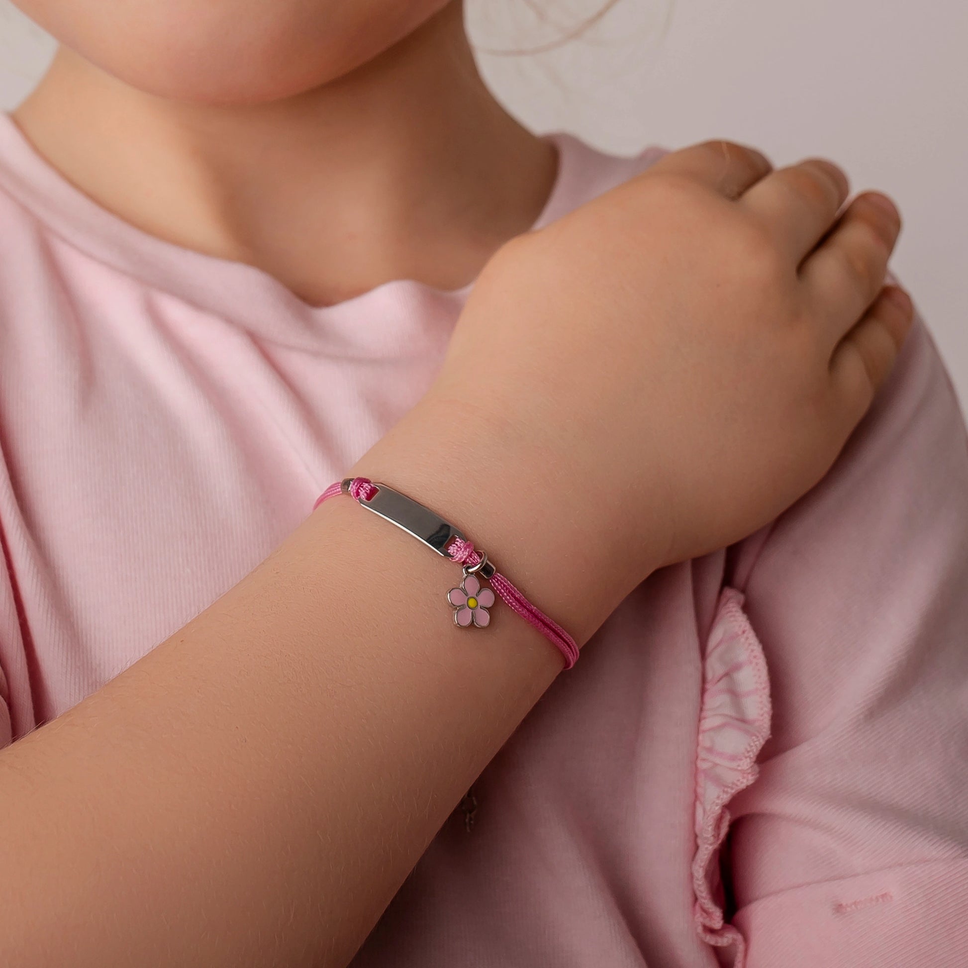 Bracciale Argento Bimba Cordoncino Rosa Fiorellino Rosa