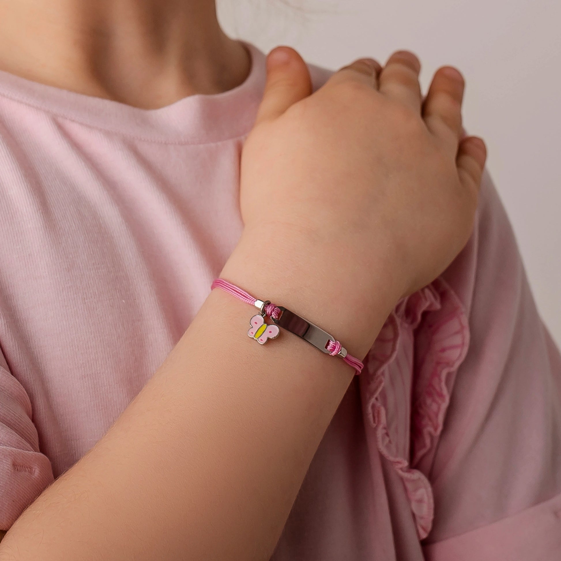 Silver Bracelet for Girl Pink Cord Butterfly