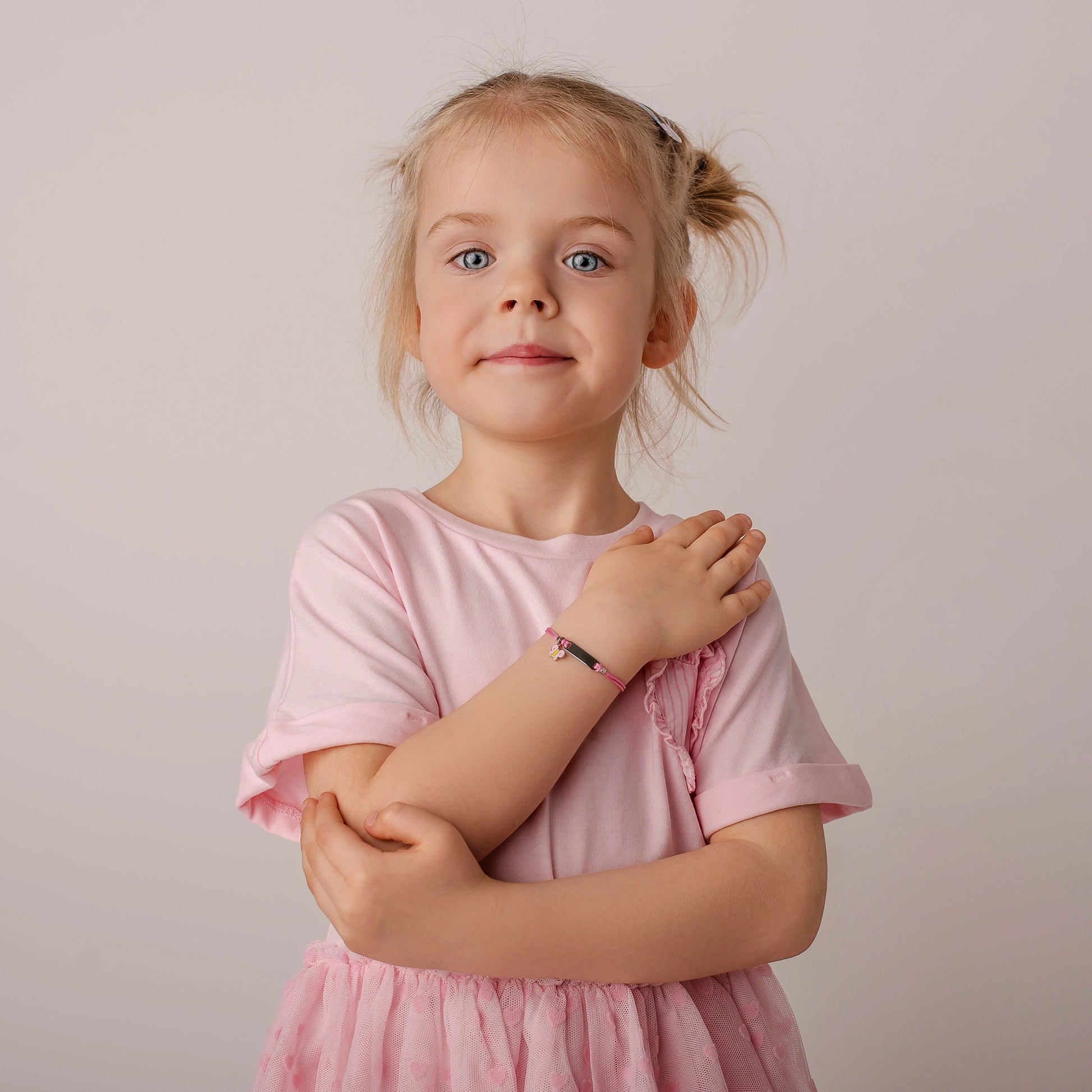 Silver Bracelet for Girl Pink Cord Butterfly
