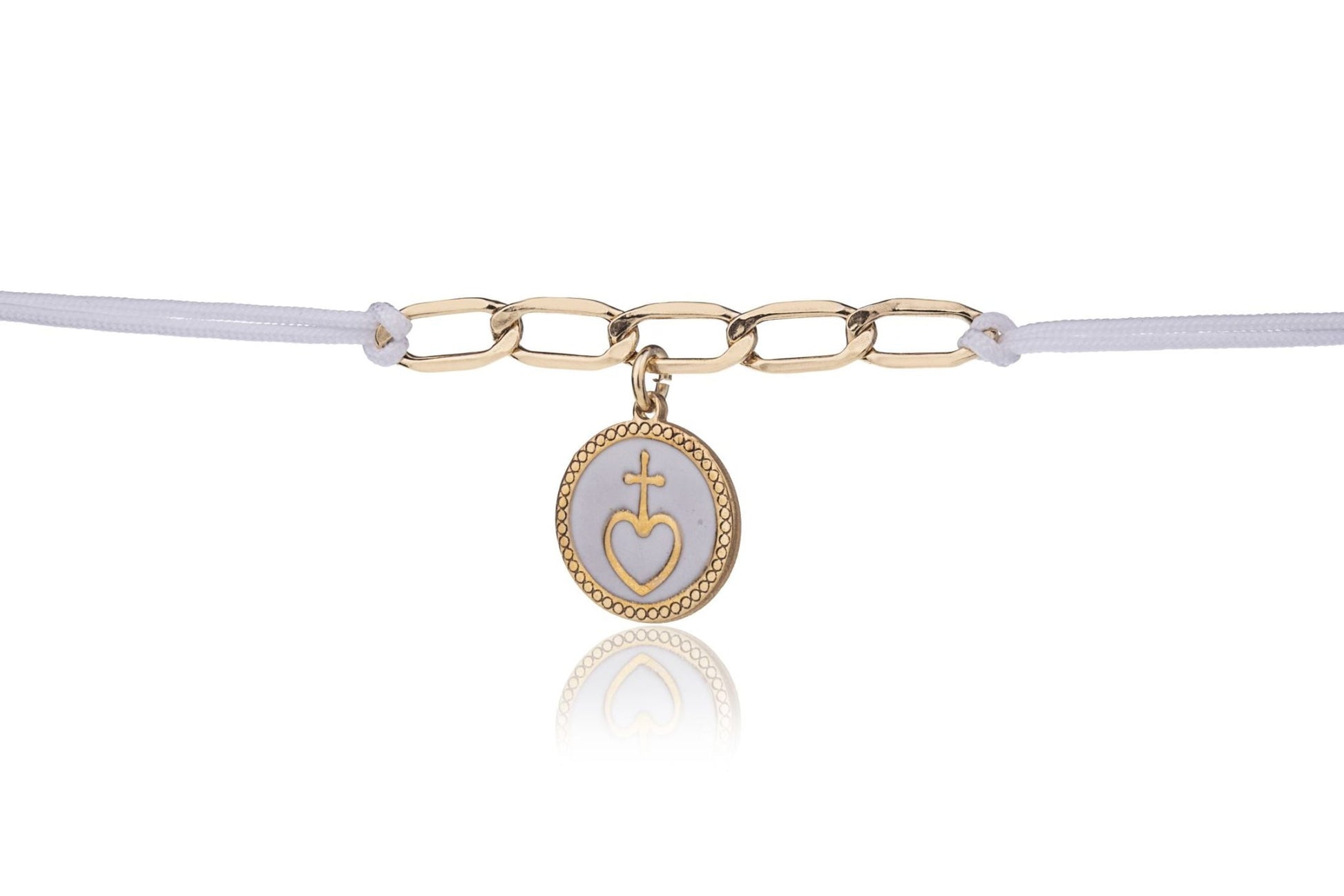 Pulsera de Cordón con Cruz sobre Corazón Dorado