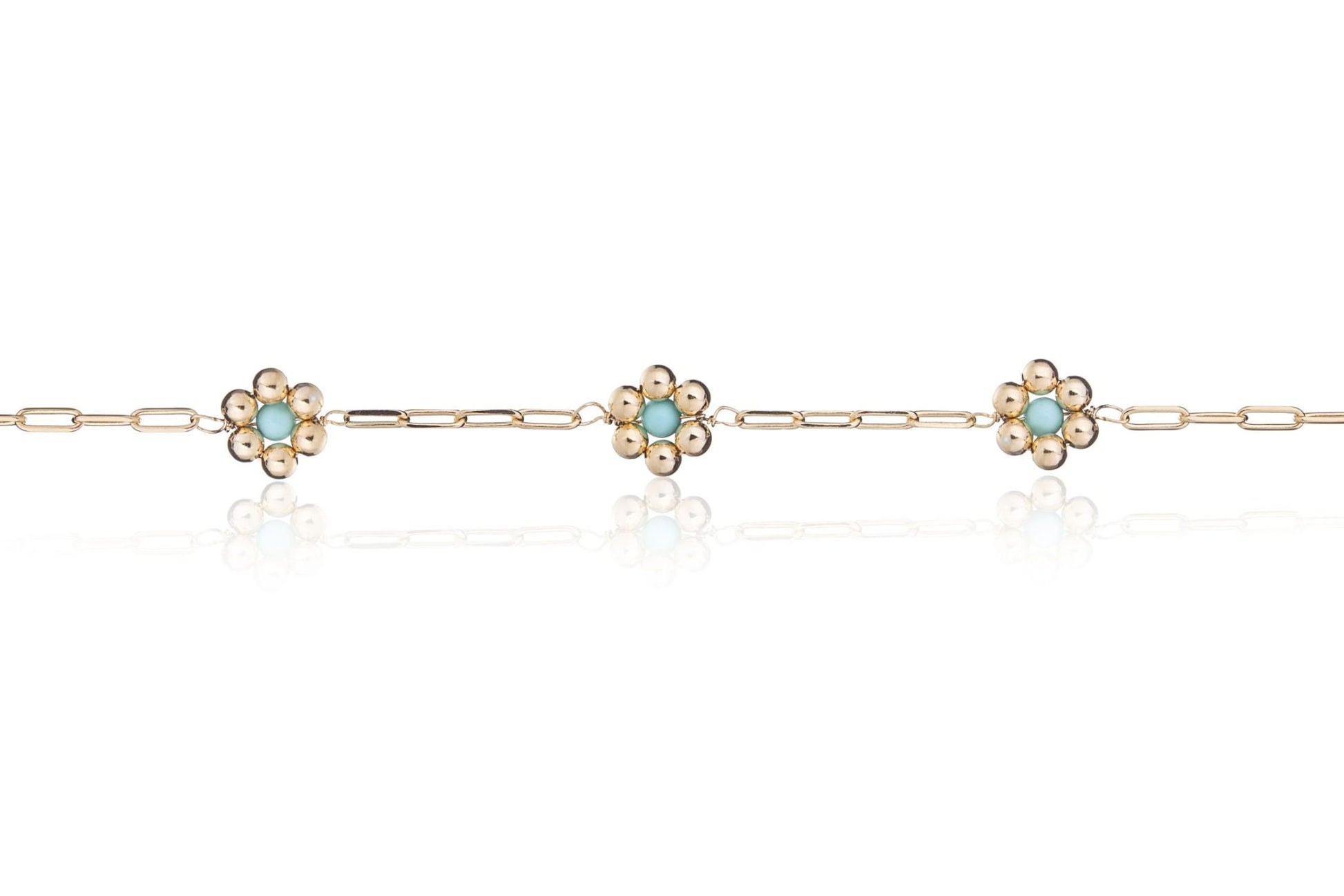 Pulsera Rectangular Dorada con Tres Flores Turquesa