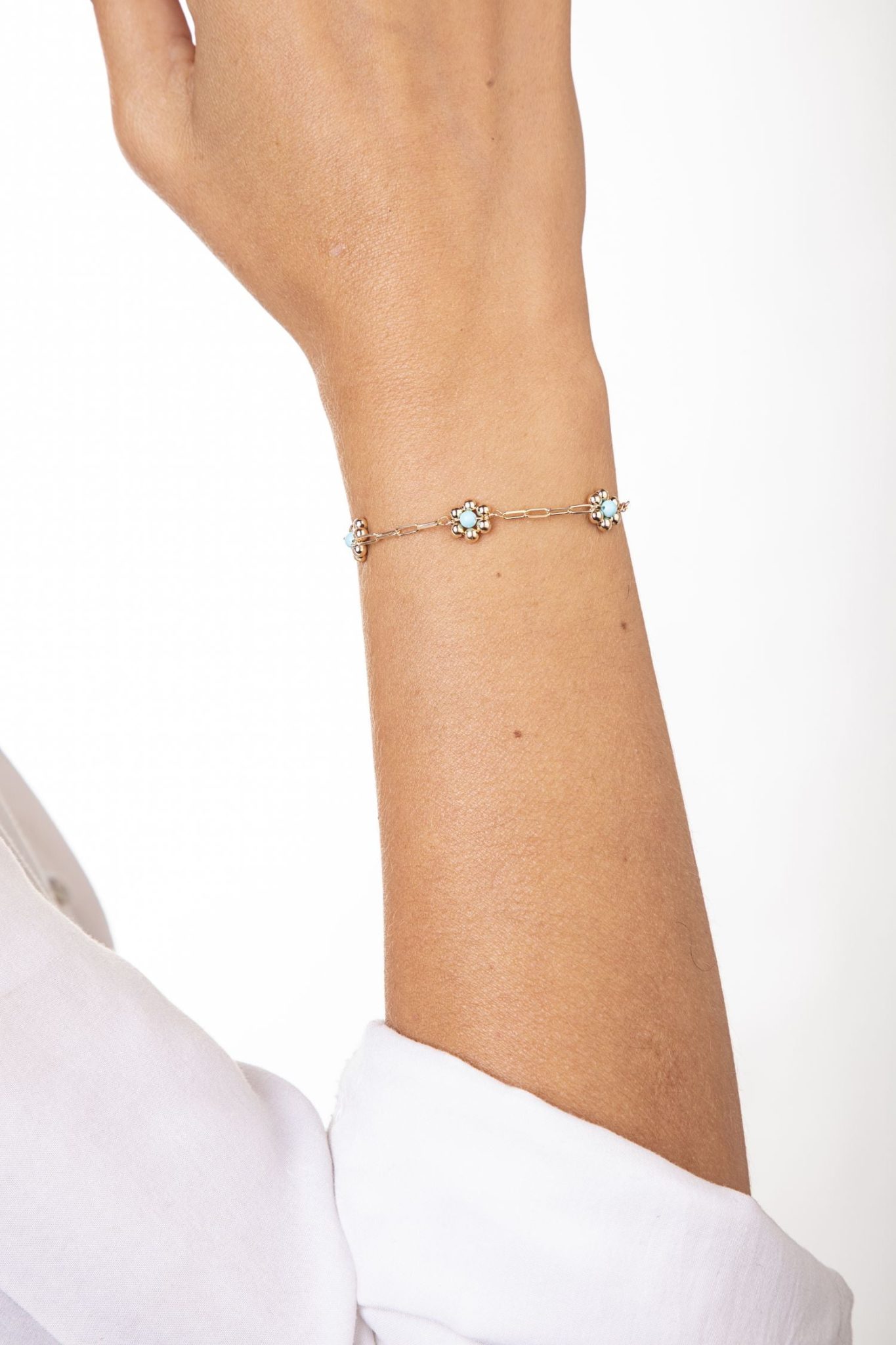 Pulsera Rectangular Dorada con Tres Flores Turquesa