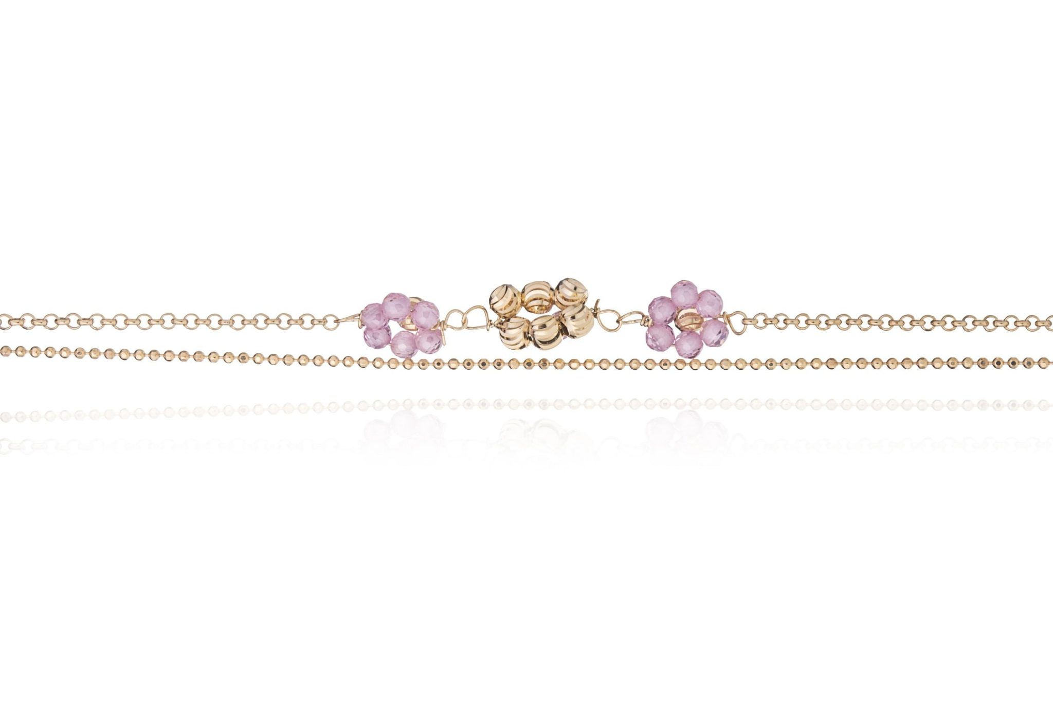 Bracciale Dorato Tre Fiori Rosa con Doppia Catena