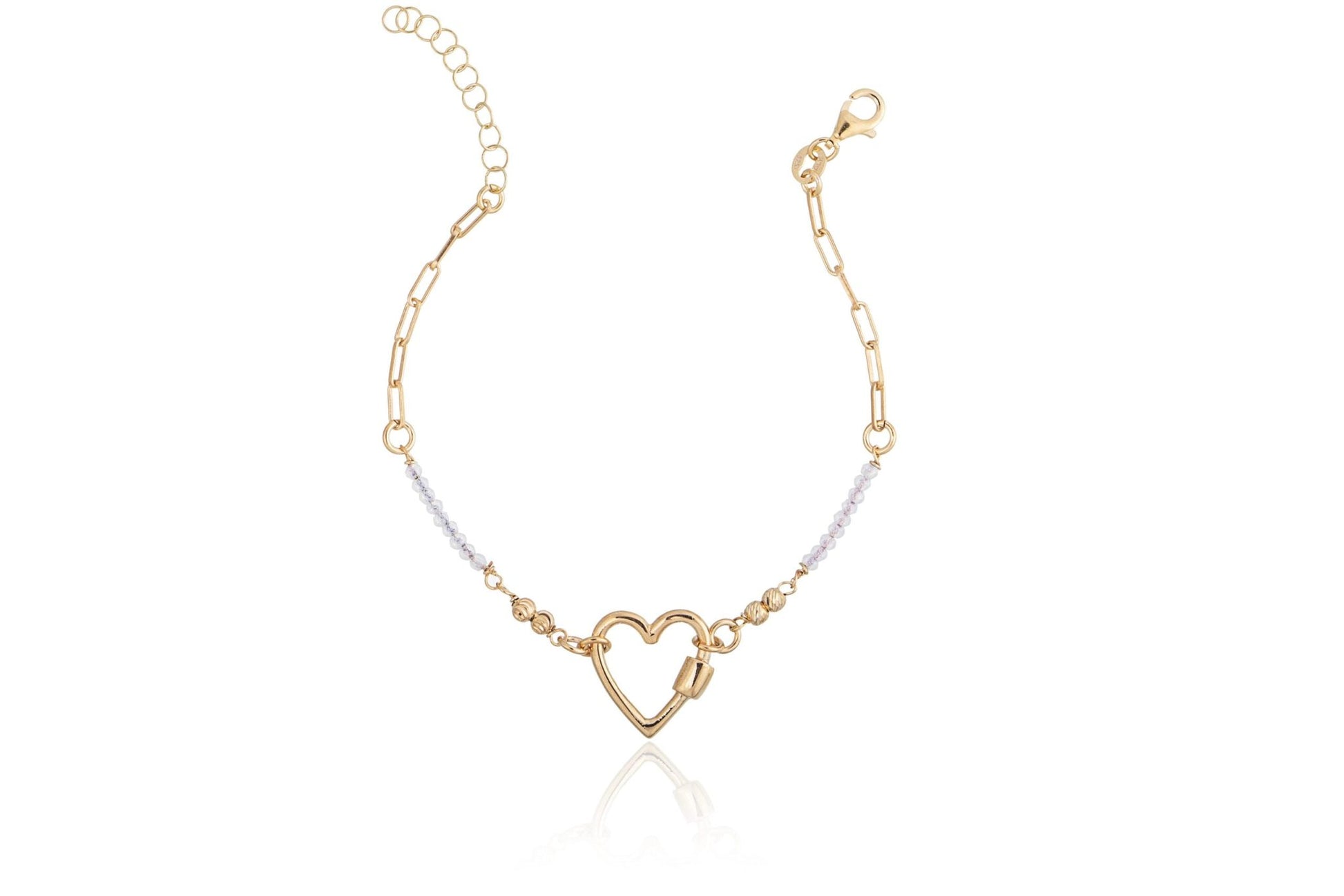 Bracciale Dorato con Maglie Sfere e Cuore Traforato Pietre Bianche