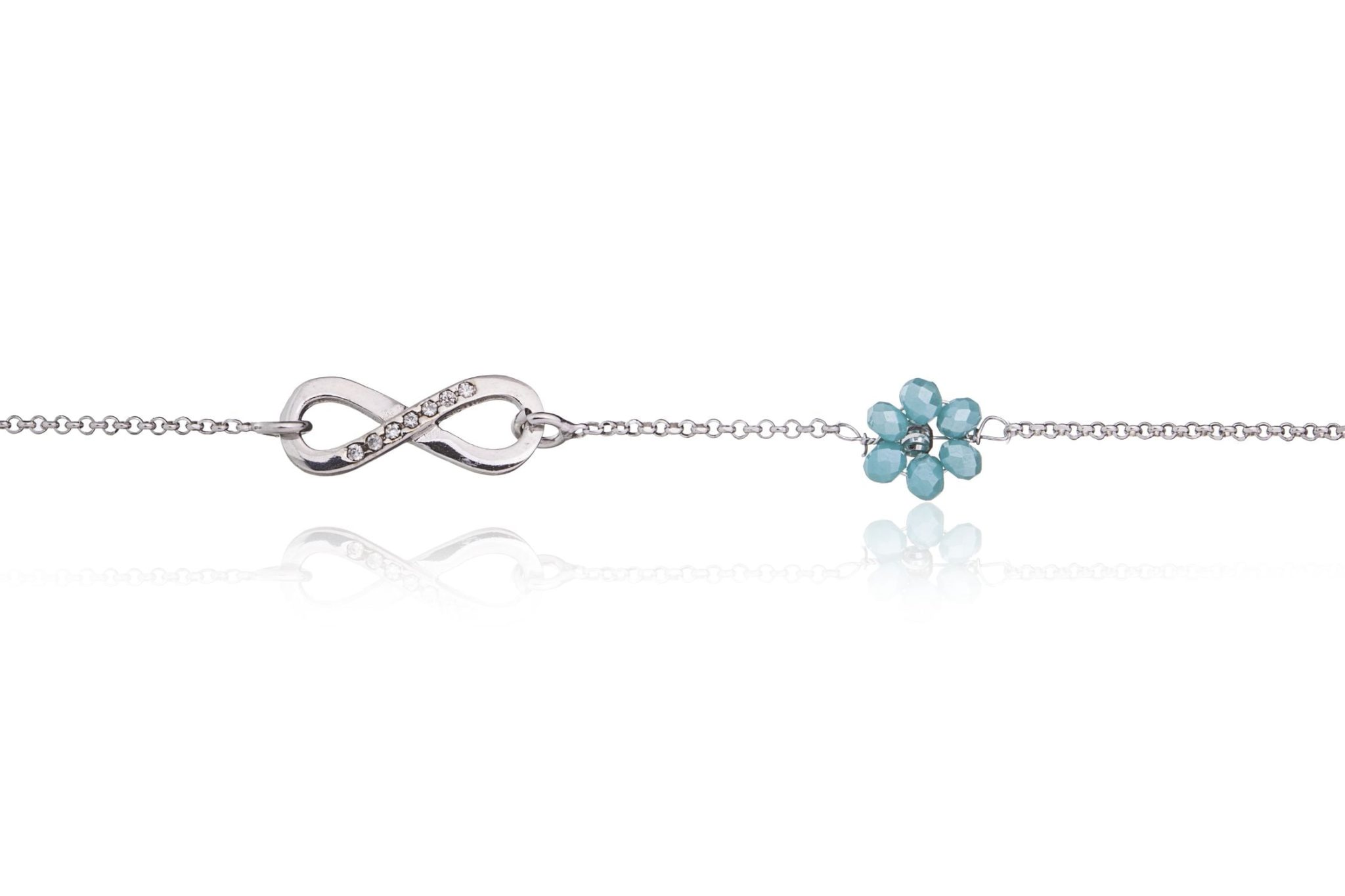 Rhodiniertes Armband mit blauer Blume und Unendlichkeitszeichen