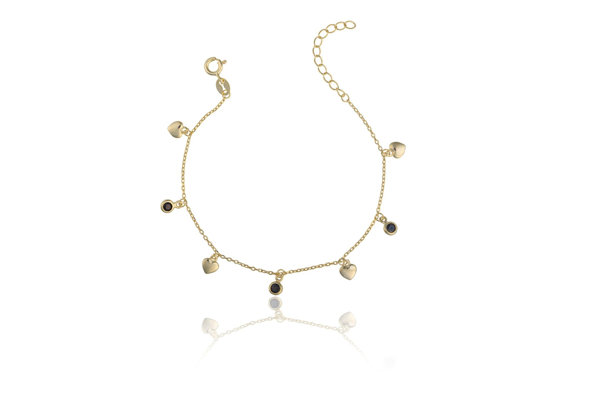 Pulsera de plata dorada con corazones y puntos de luz negros
