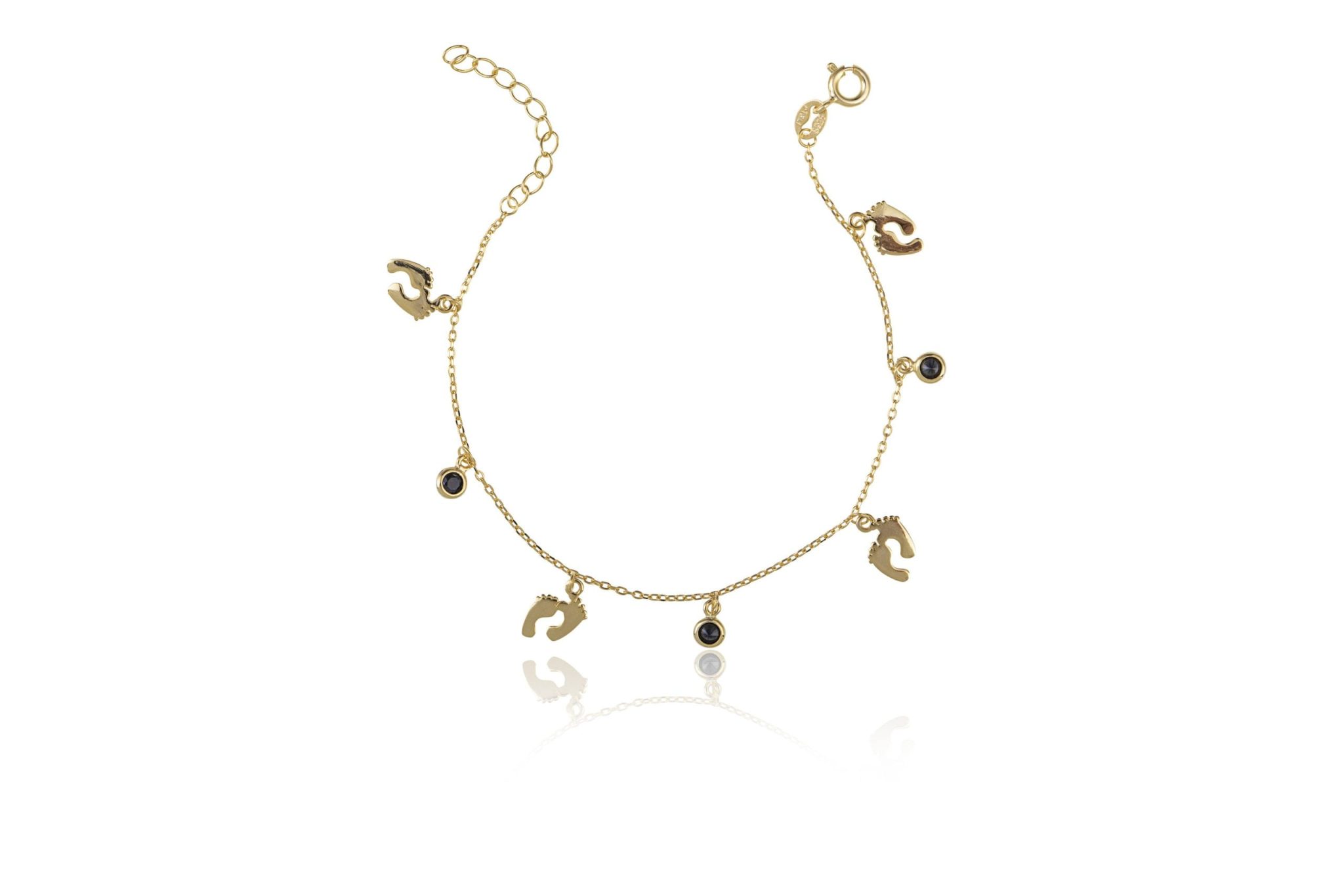 Pulsera de plata dorada con piecitos y punto de luz