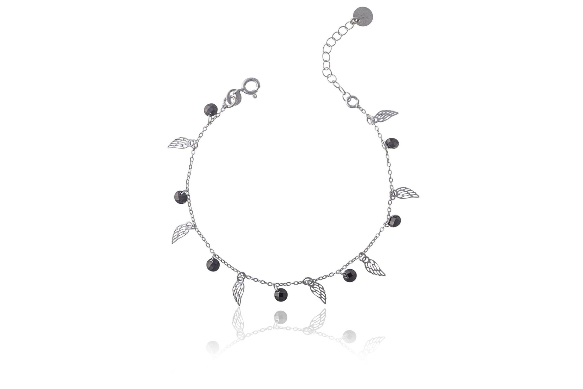 Pulsera de plata rodiada con alas y bolitas negras