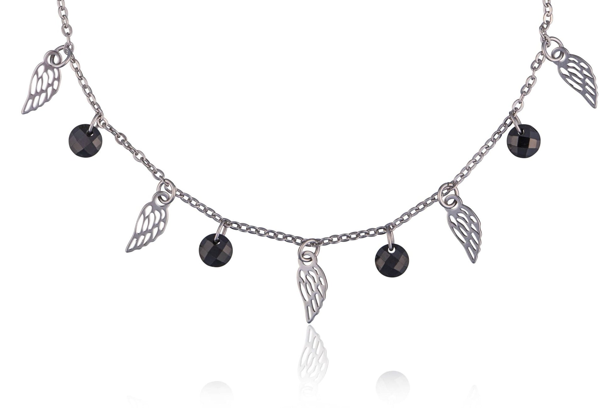 Pulsera de plata rodiada con alas y bolitas negras