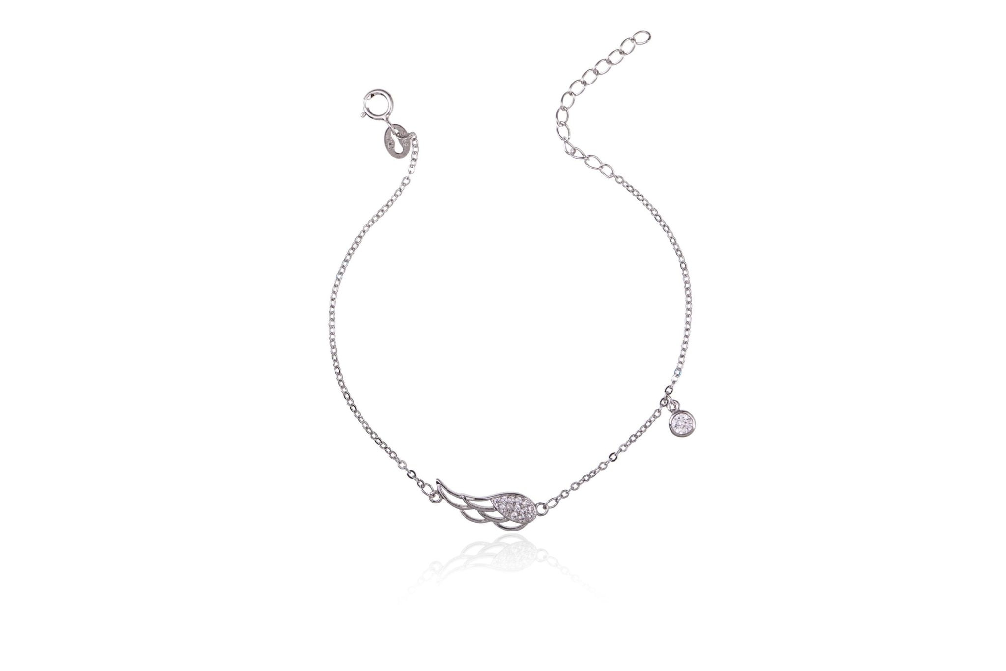 Pulsera de plata con colgante de ala y punto de luz rodiado