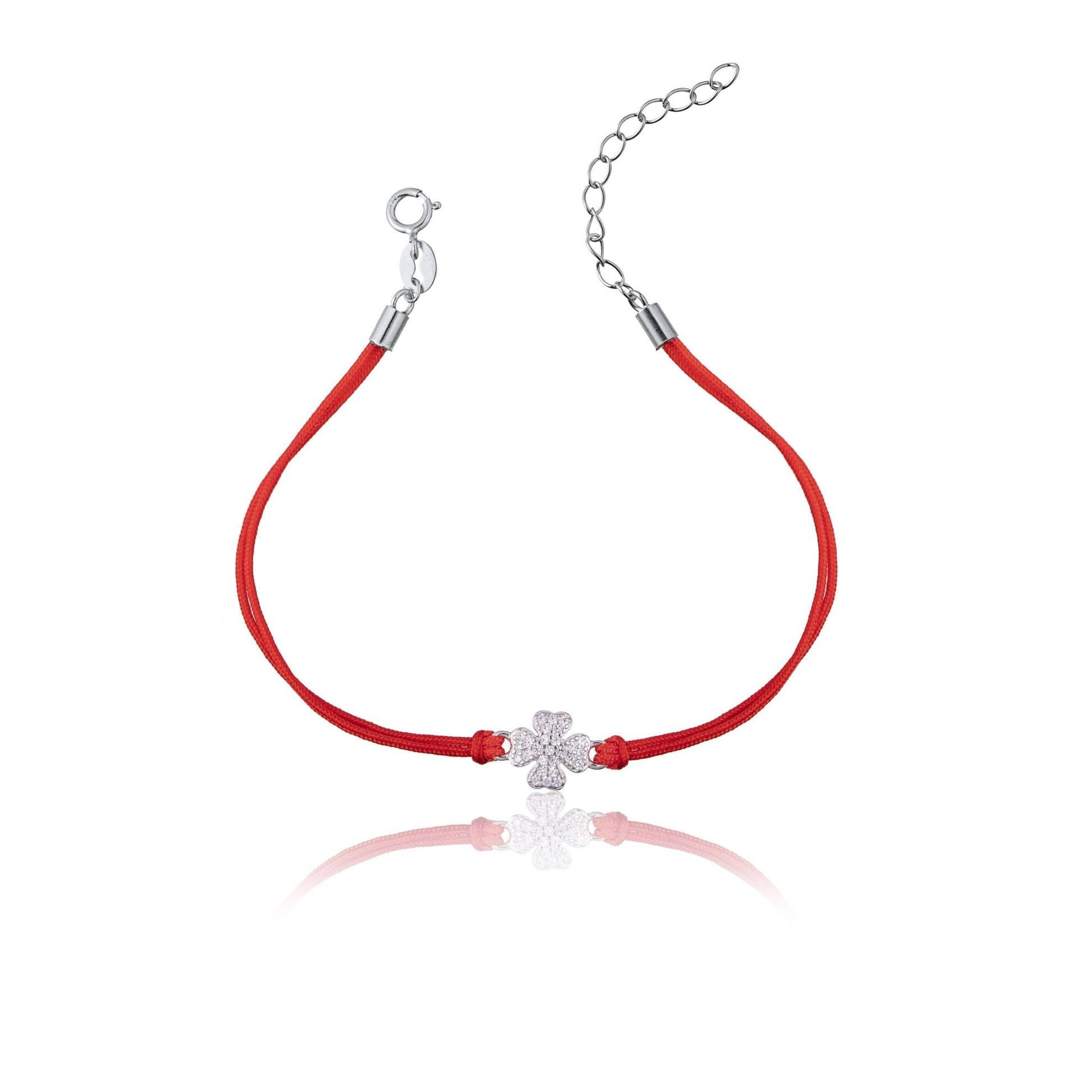Pulsera de Plata con Cordón y Trébol de Cuatro Hojas con Strass