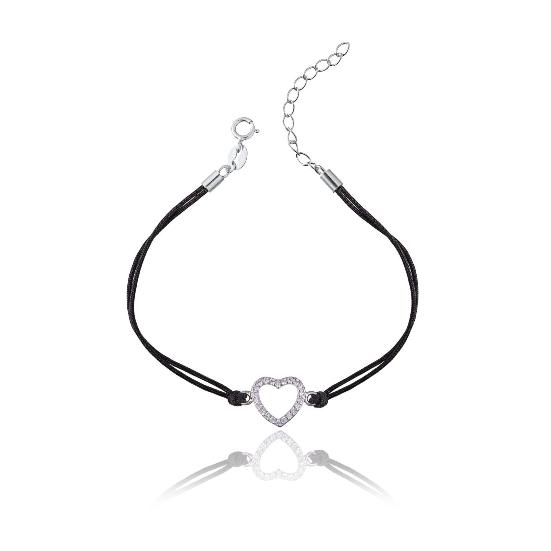 Pulsera de Plata con Cordón con Corazón Calado y Strass