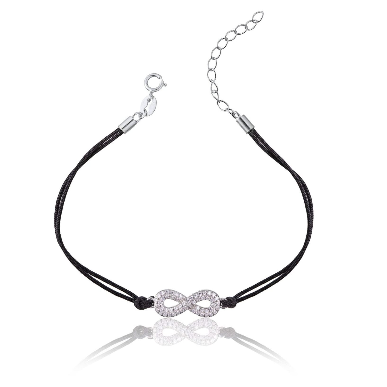 Bracciale in Argento in Cordoncino Nero Infinito Strass Rodiato