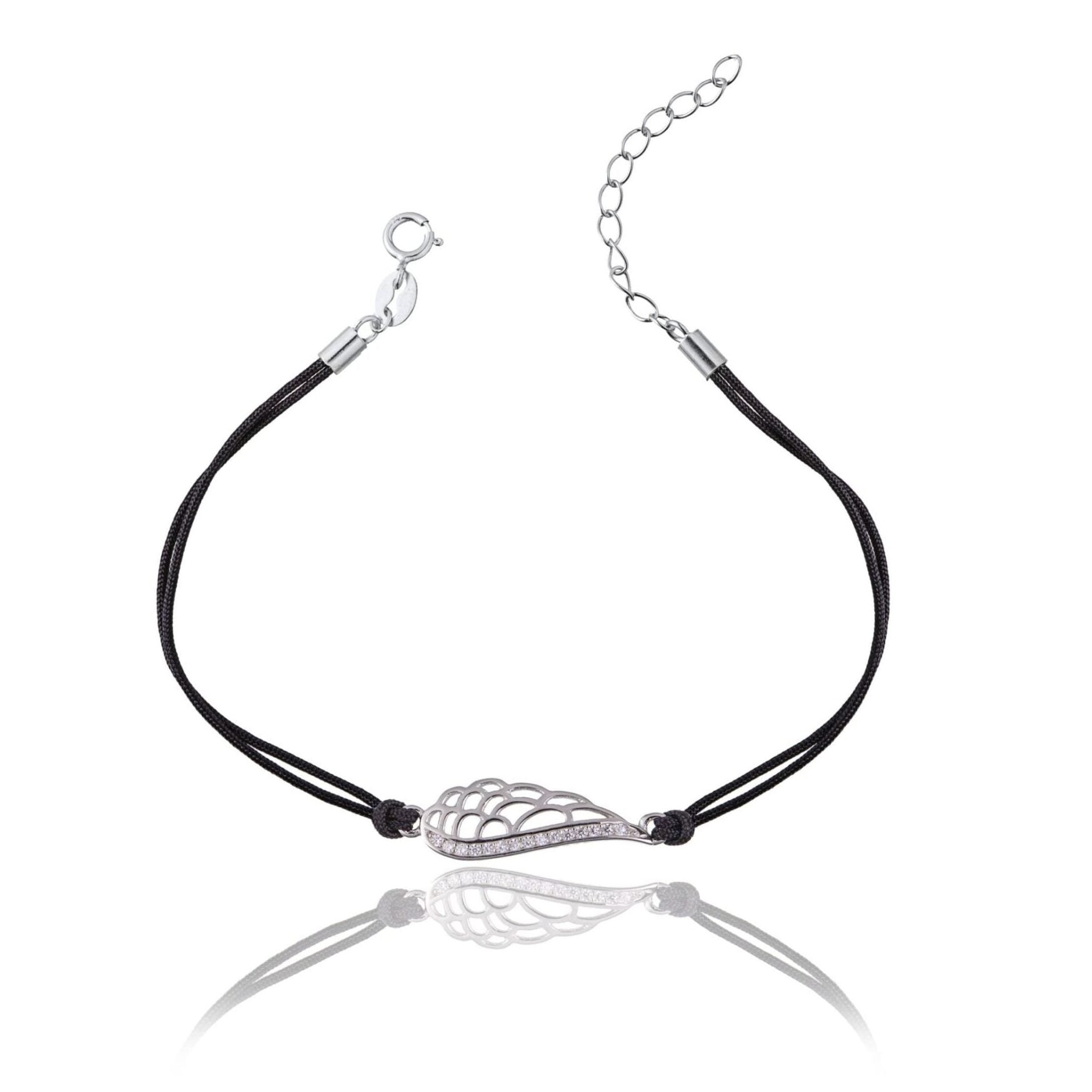 Pulsera de Plata con Cordón Negro Ala Grande con Strass Rodinada
