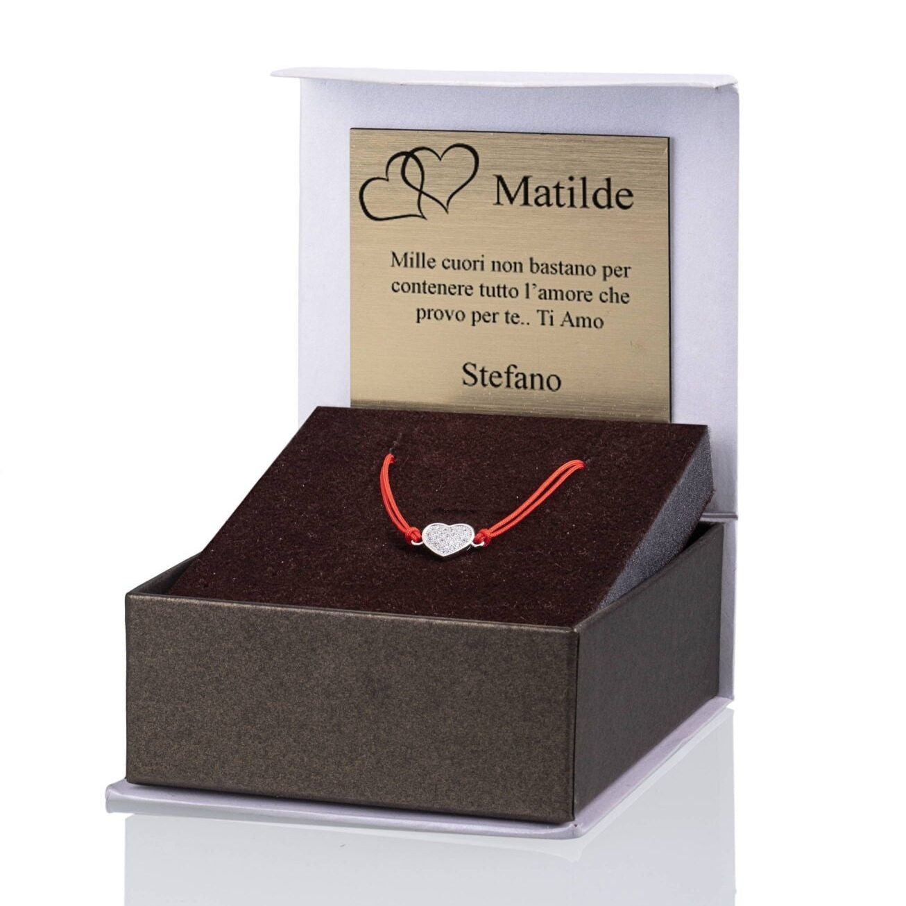 Bracelet en Argent avec Cordon Rouge Cœur Strass Rhodié