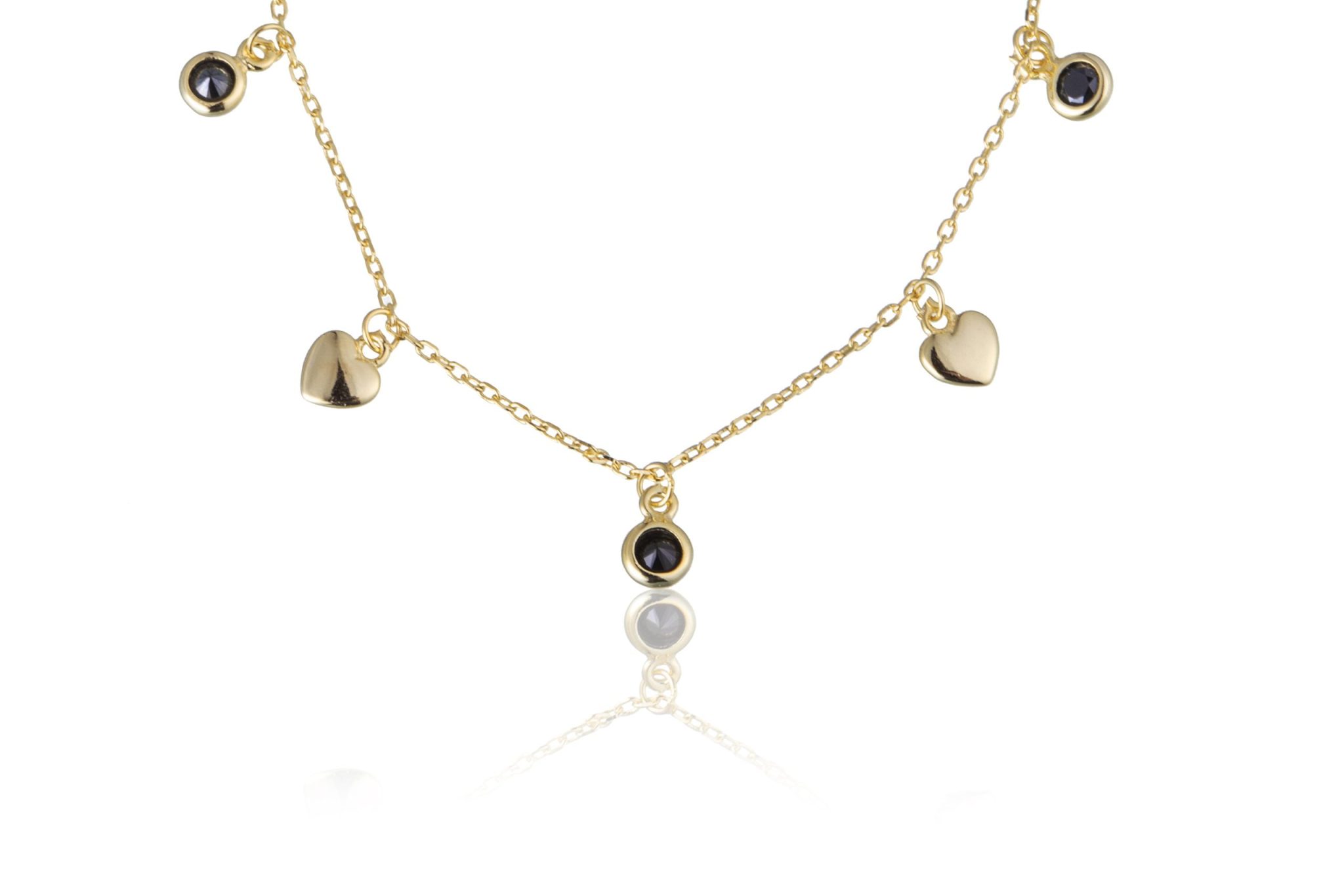 Collar de Plata Dorada Corazón y Puntos de Luz Negros