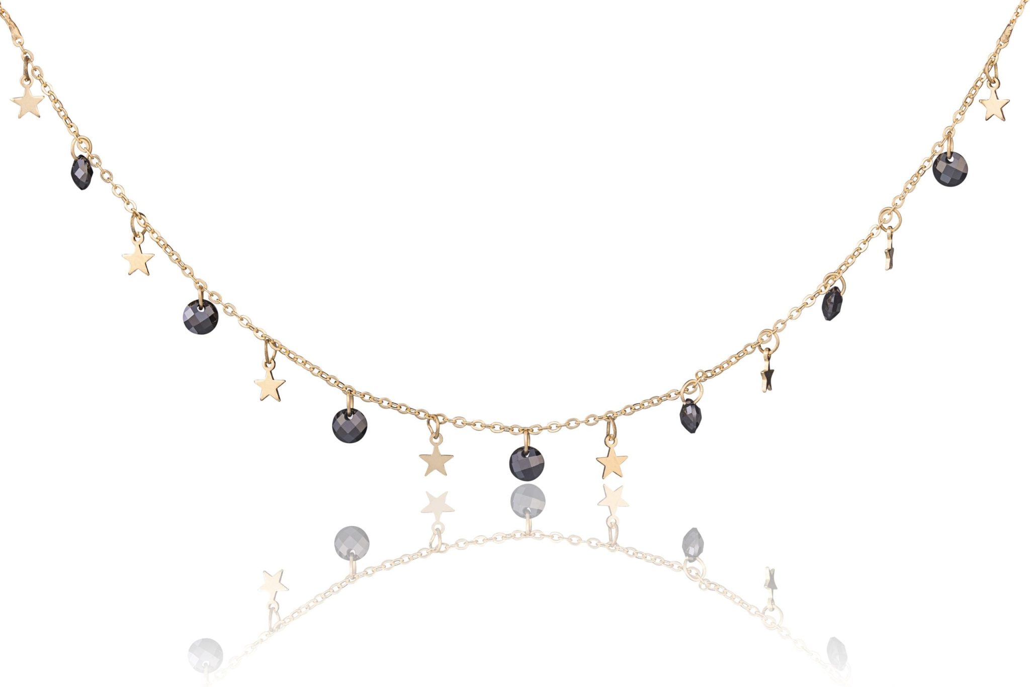 Collar de Plata Dorada Estrellas y Piedras Negras