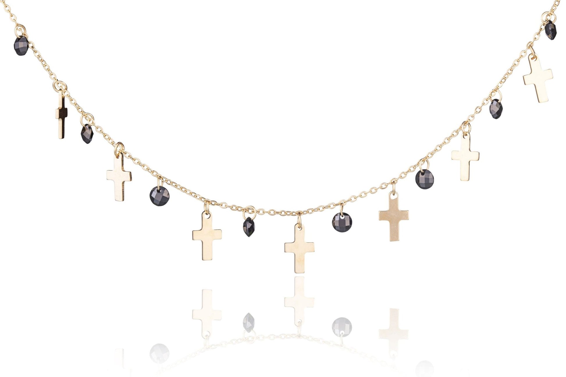 Collier en Argent Doré Croix et Pierres Noires