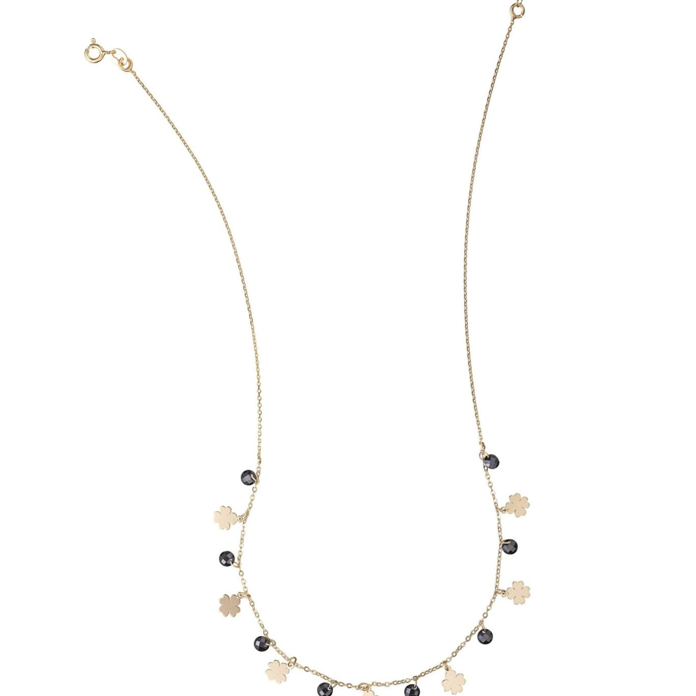 Collar de Plata Dorada Trébol Fantasía con Piedras Negras